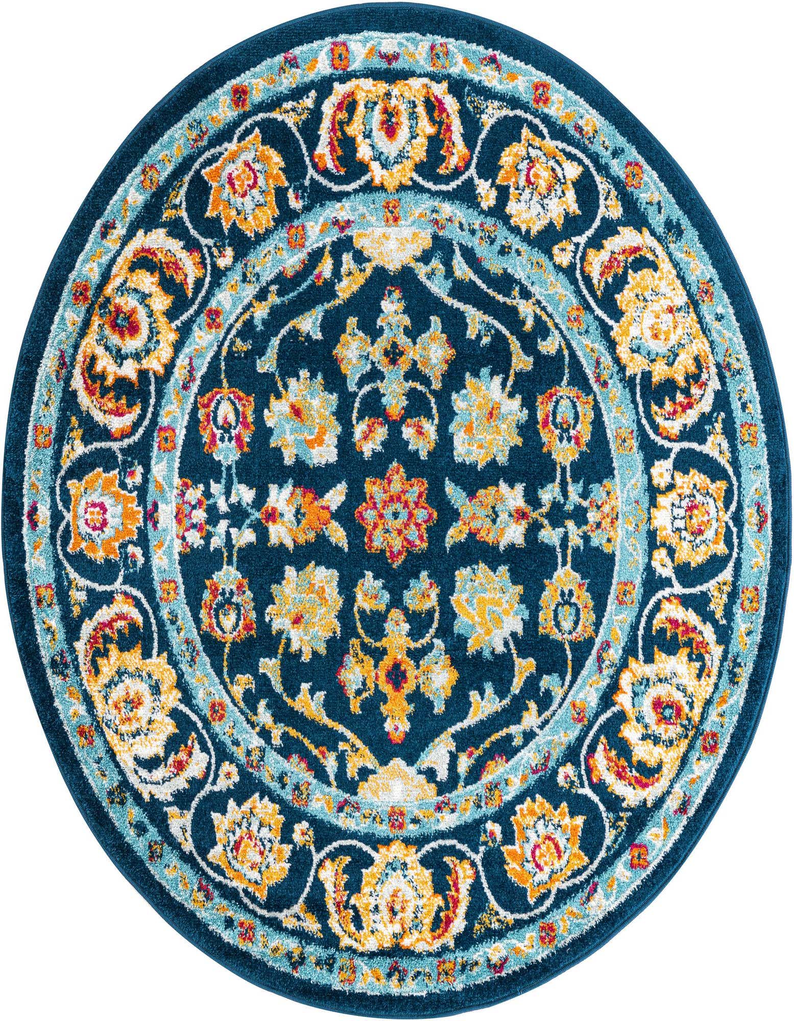 A 5' round navy blue rug with a traditional floral and botanical pattern in yellow, orange, and light blue.