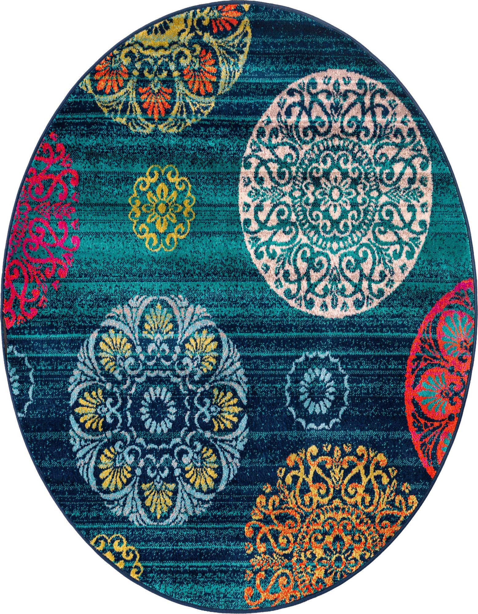 Rugs.com Azalea 5' 3" round rug featuring a vibrant botanical pattern in blues, oranges, pinks, and yellows on a dark teal background.