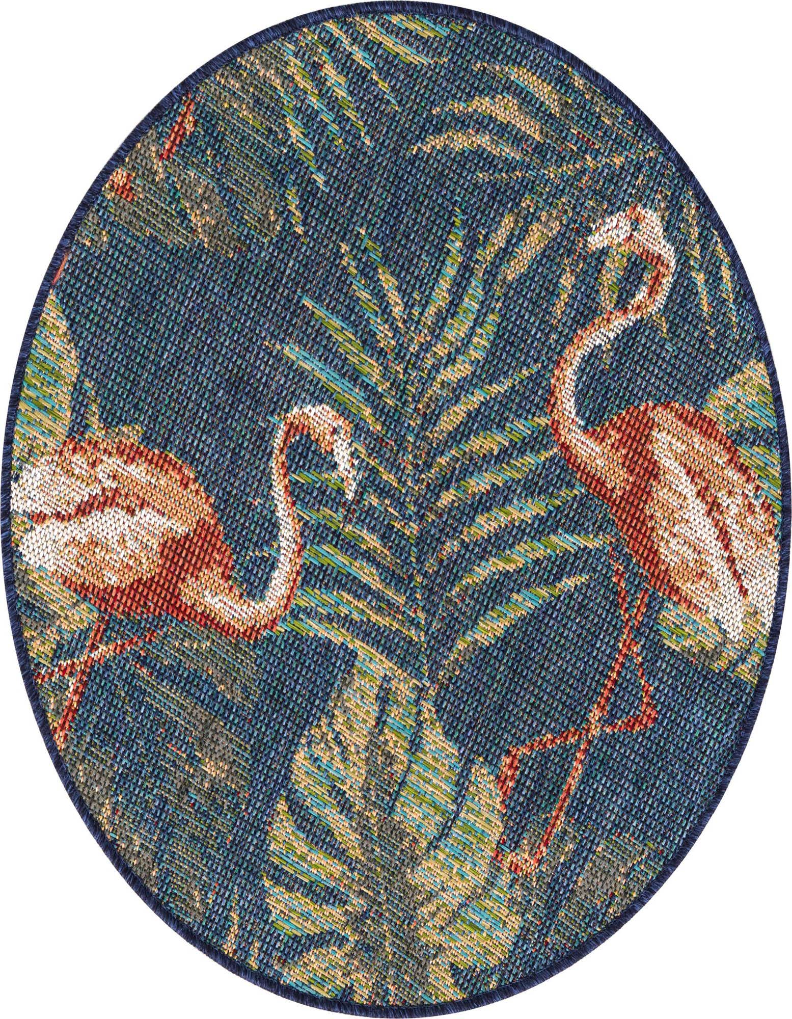 A round navy blue outdoor rug featuring a vibrant botanical pattern with two pink flamingos and green palm leaves.