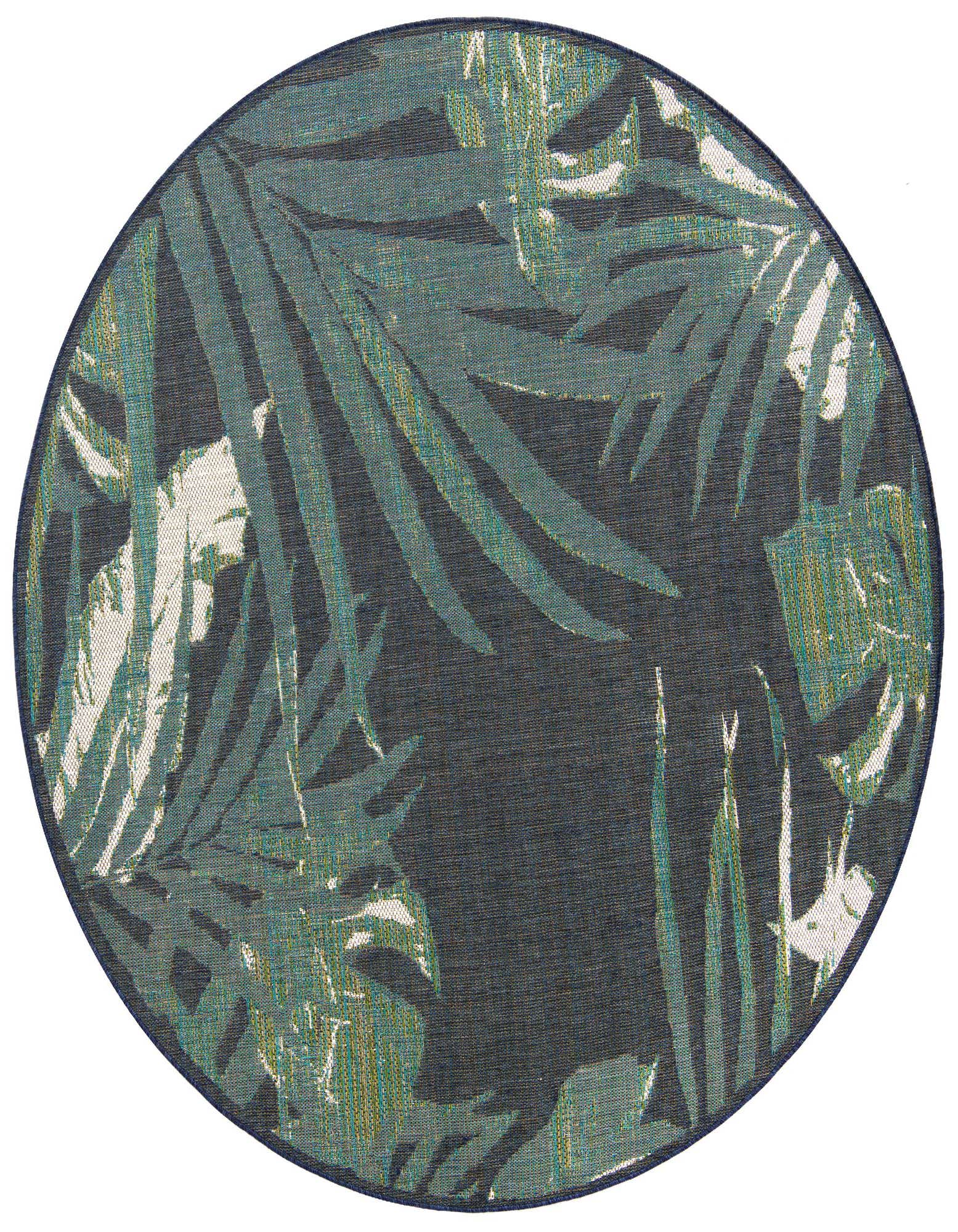 A round 7' 10 x 7' 10 Baja Outdoor rug with a navy blue background and large teal, green, and white botanical leaf patterns, suitable for a patio.