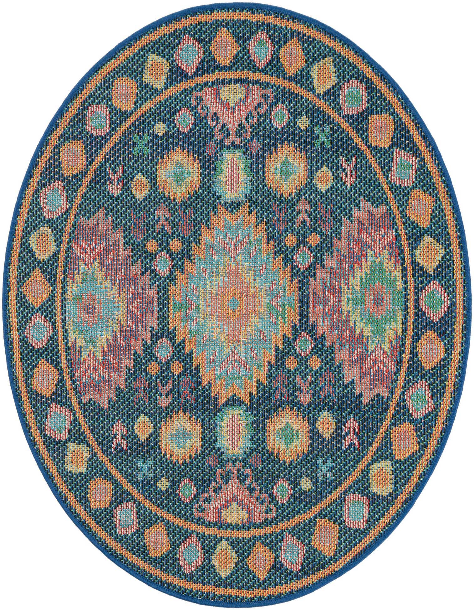 A 4' 1 round Baja Outdoor rug by Rugs.com, featuring a vibrant Southwestern tribal pattern in blues, oranges, and greens.