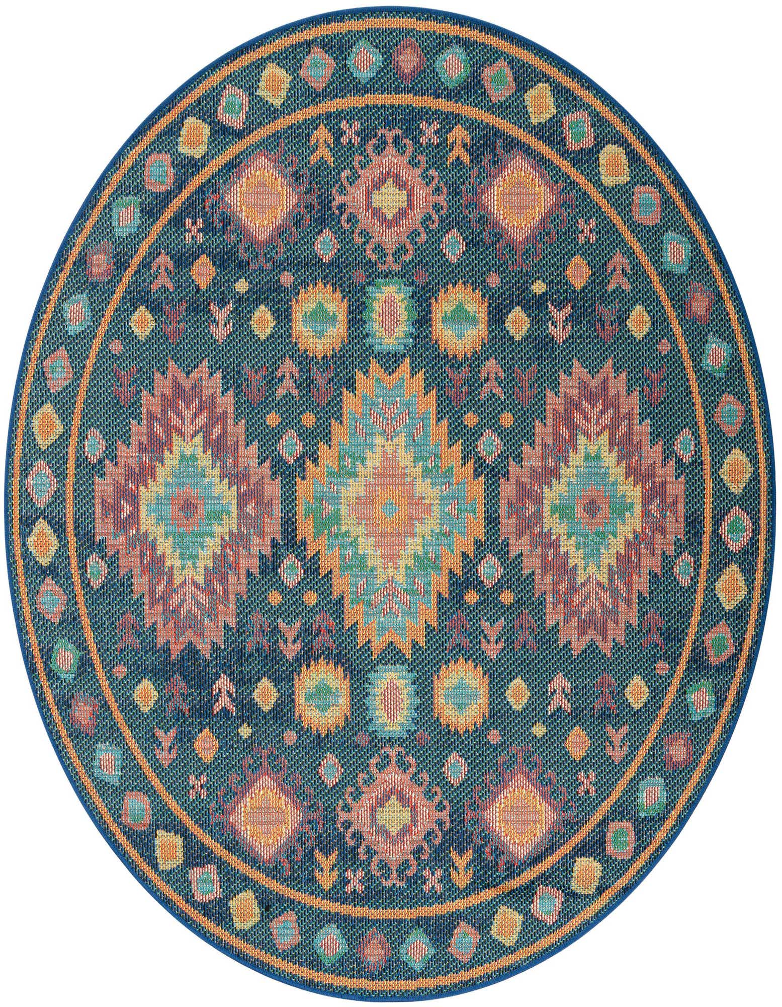 A 6' 1 x 6' 1 round navy blue Southwestern rug with a vibrant tribal pattern and orange border.