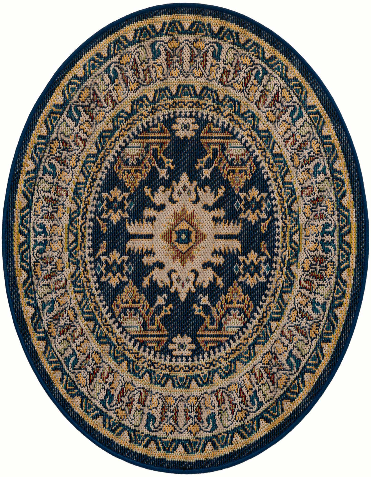 A 4' round navy blue indoor/outdoor rug with a traditional medallion pattern in gold, beige, and teal.
