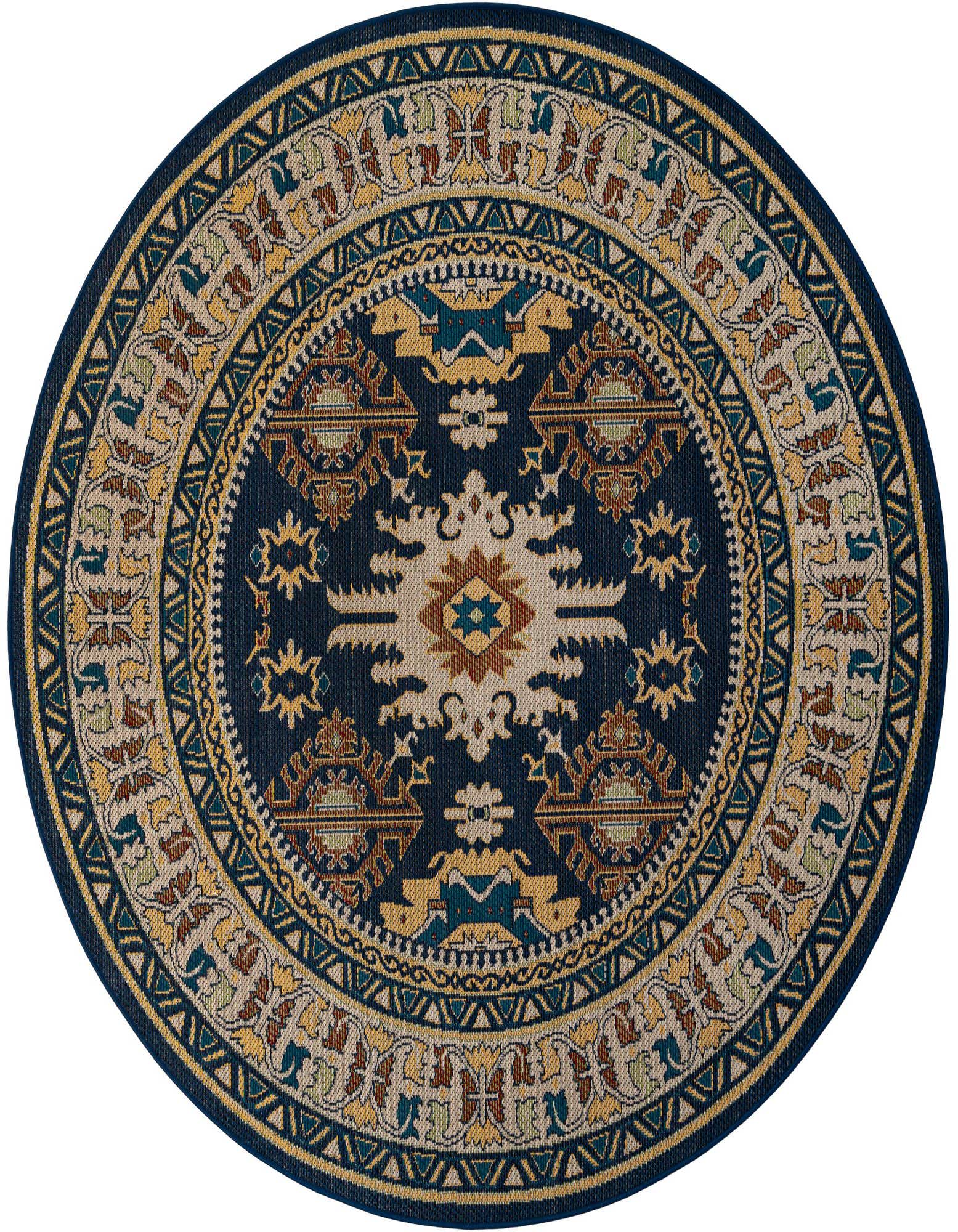 A round navy blue Baja Outdoor rug with a traditional medallion pattern in gold, beige, and teal, suitable for a patio.