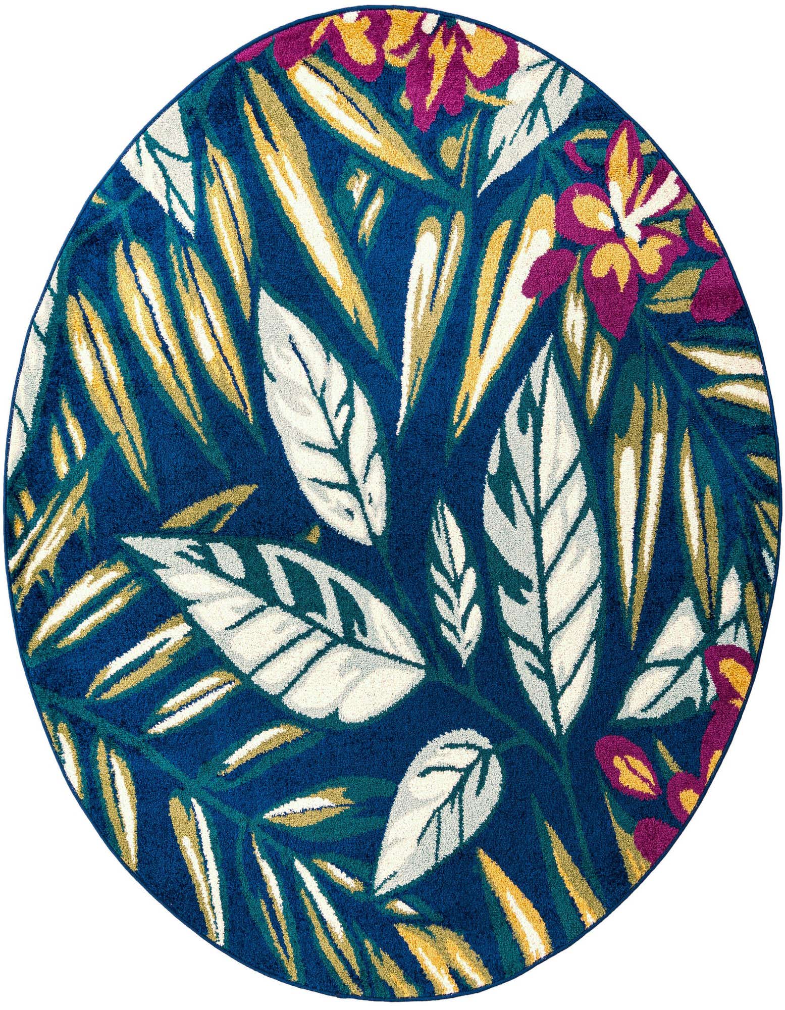A 6' round navy blue rug with a vibrant modern floral pattern featuring large white, yellow, and teal leaves, and magenta flowers.