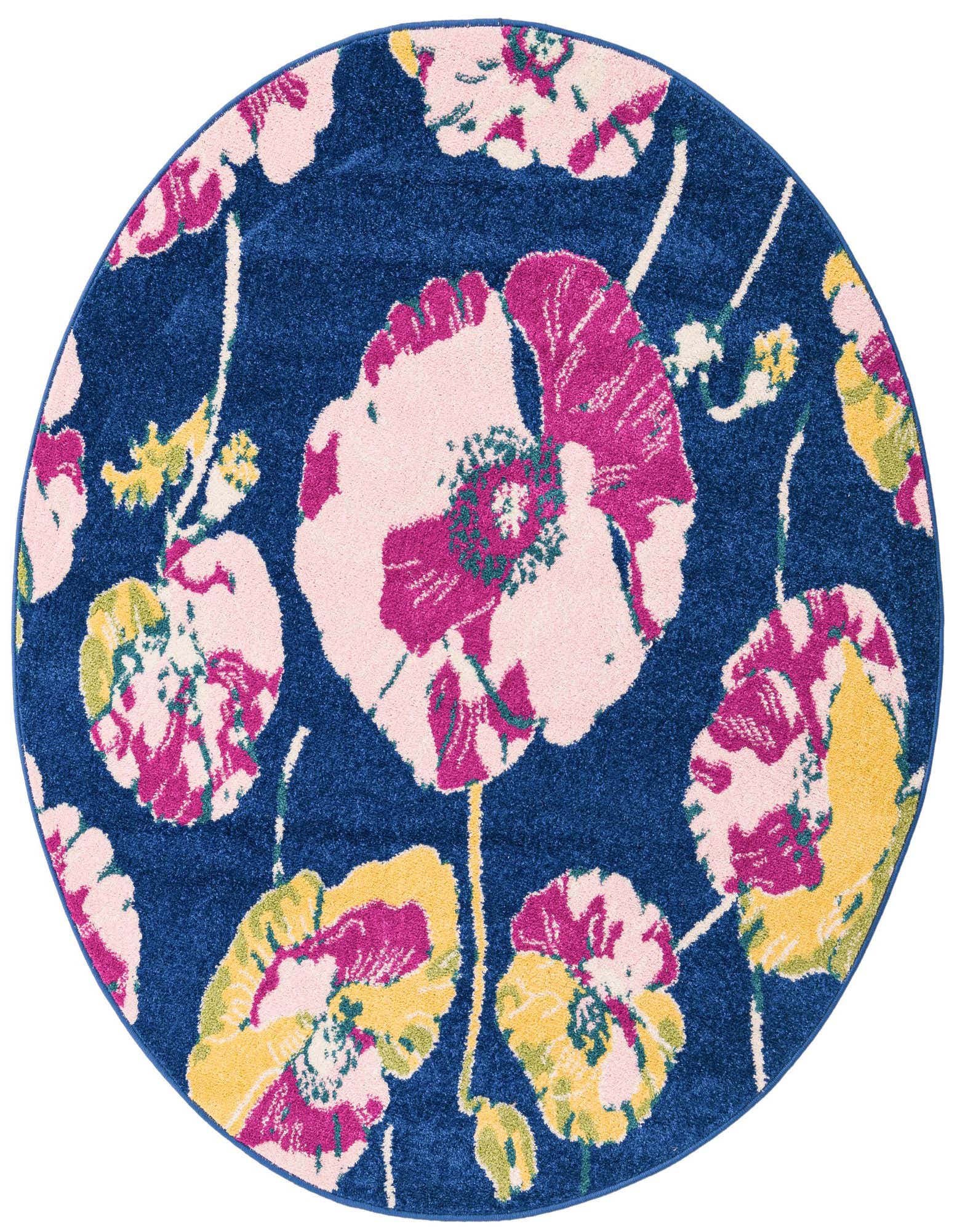 A 5' 3 x 5' 3 round navy blue rug with a modern floral pattern featuring large pink, fuchsia, and yellow poppies.