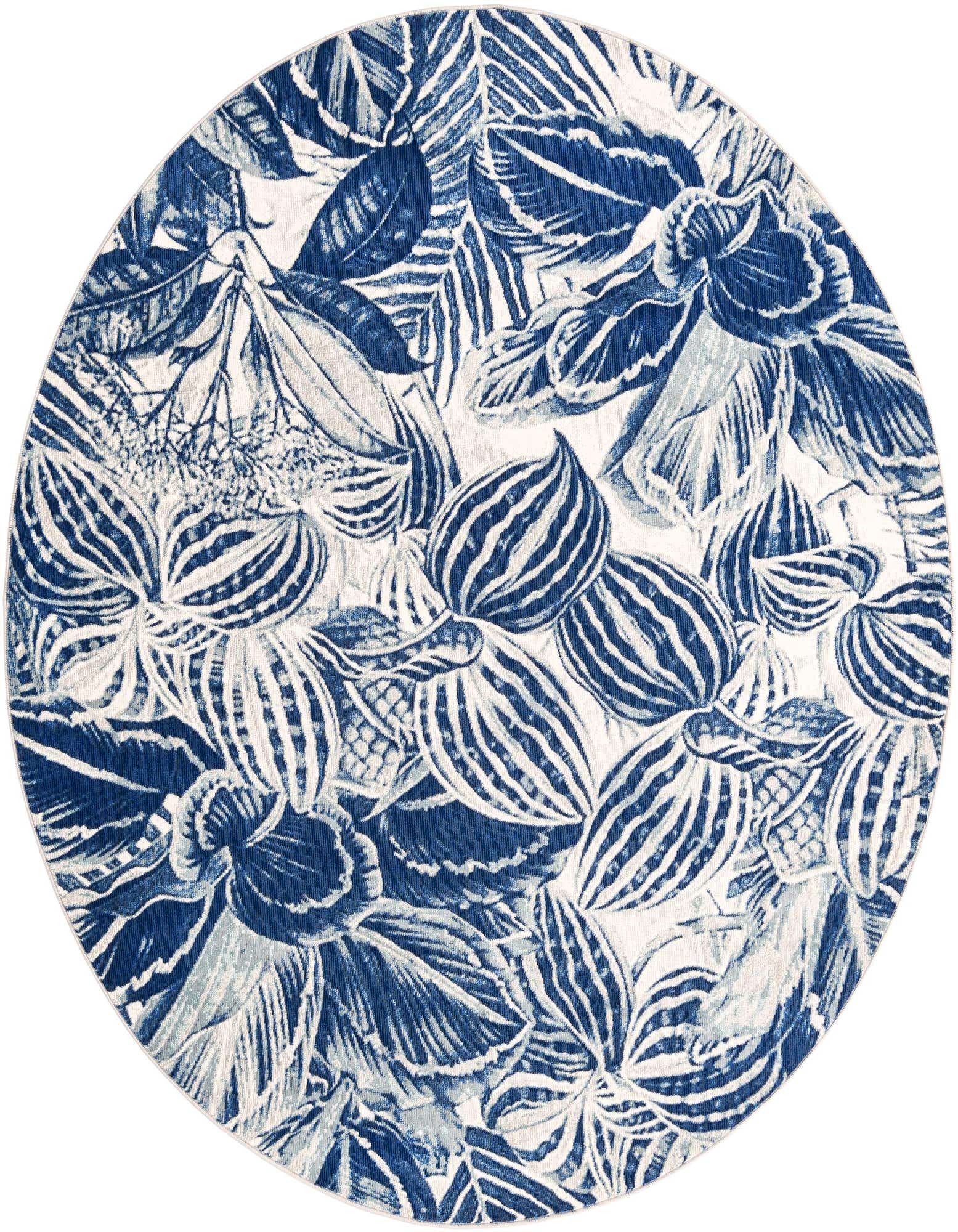 A round 7' 0 x 7' 0 indoor rug featuring a dense modern botanical pattern in various shades of blue and white.