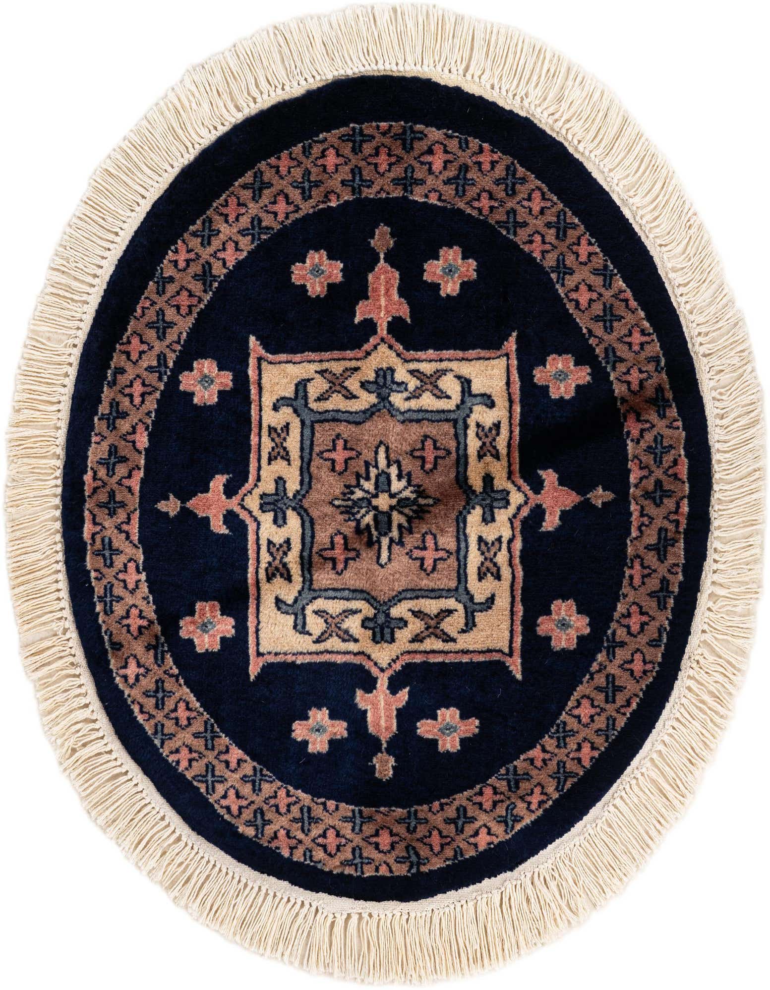 A 2' round navy blue Bokhara wool rug with a central medallion and tribal patterns, featuring cream fringes.