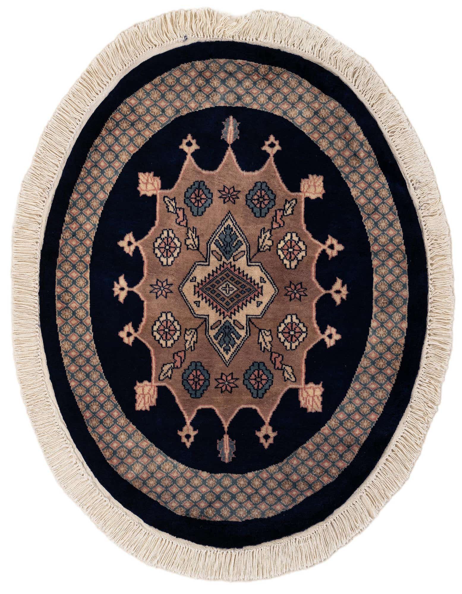 A 3' 1 x 3' 2 round navy blue wool rug with a traditional tribal medallion pattern and fringe.