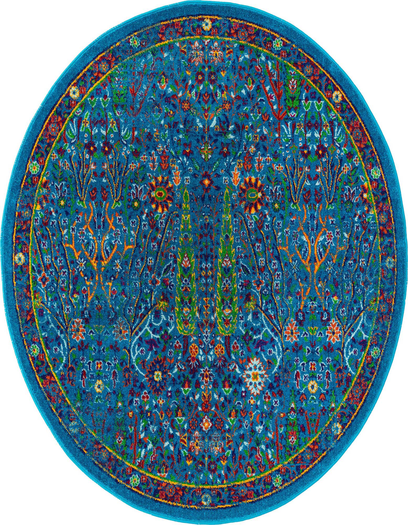 A vibrant 6' round blue rug with an intricate transitional floral pattern in various shades of blue, orange, green, and red.