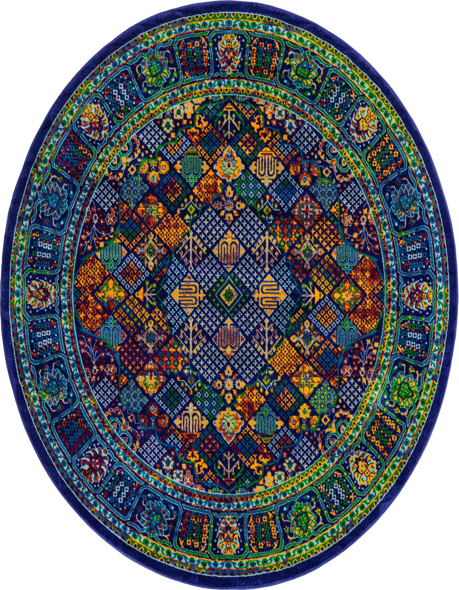 A vibrant 7'10" round rug featuring a complex medallion and geometric pattern in various shades of blue, orange, green, and yellow.