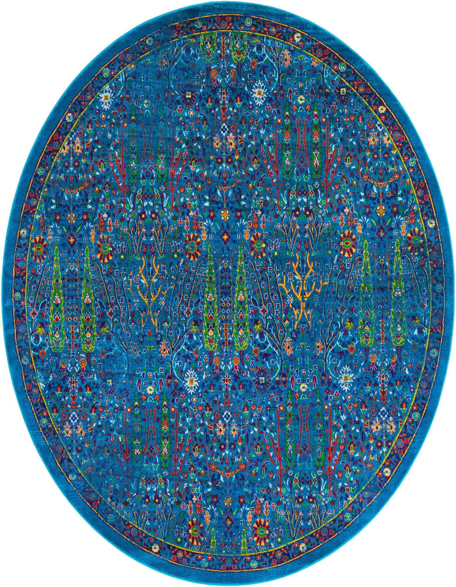 A 10-foot round Calypso rug in vibrant blues with a detailed transitional floral and vintage pattern, featuring accents of red, orange, green, and yellow.