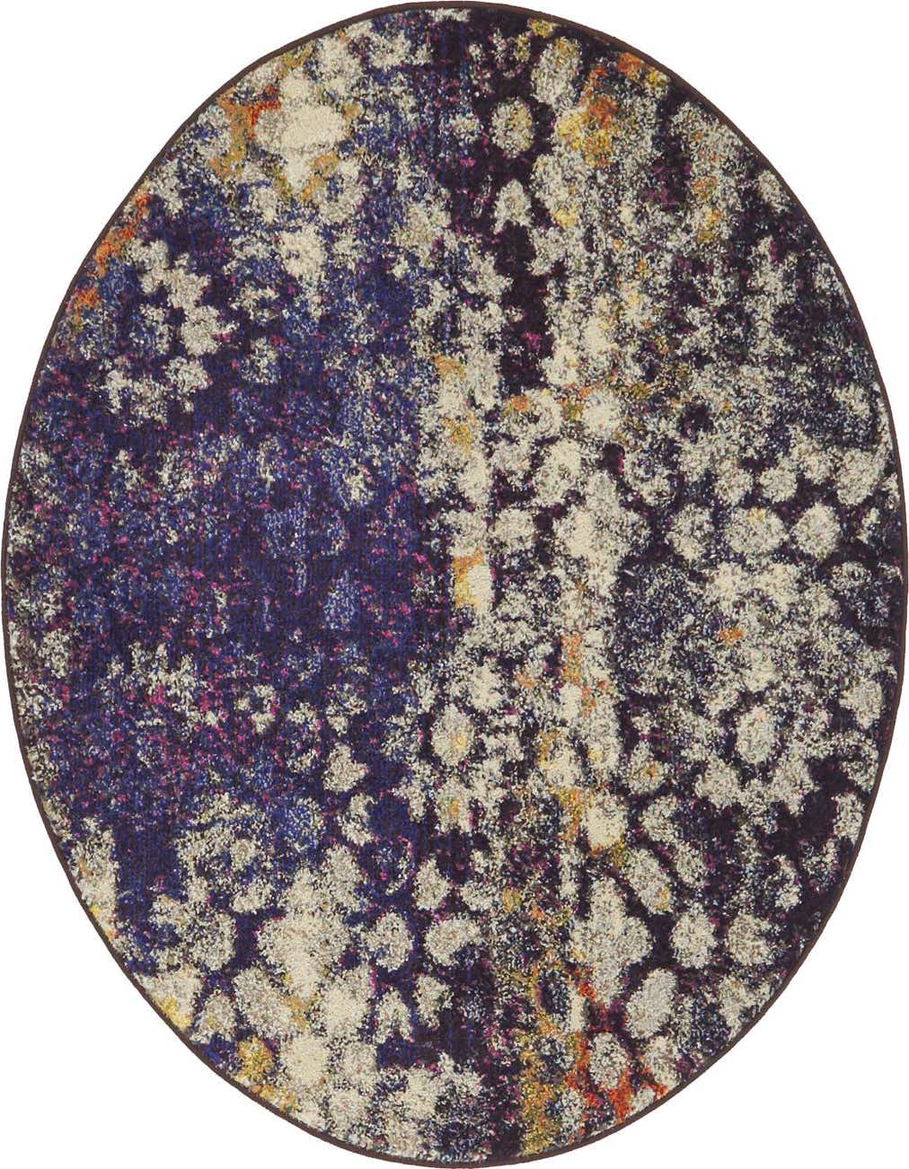 A 4' round abstract rug featuring a blend of deep blues, purples, and hints of orange and cream, creating a mottled, artistic pattern.
