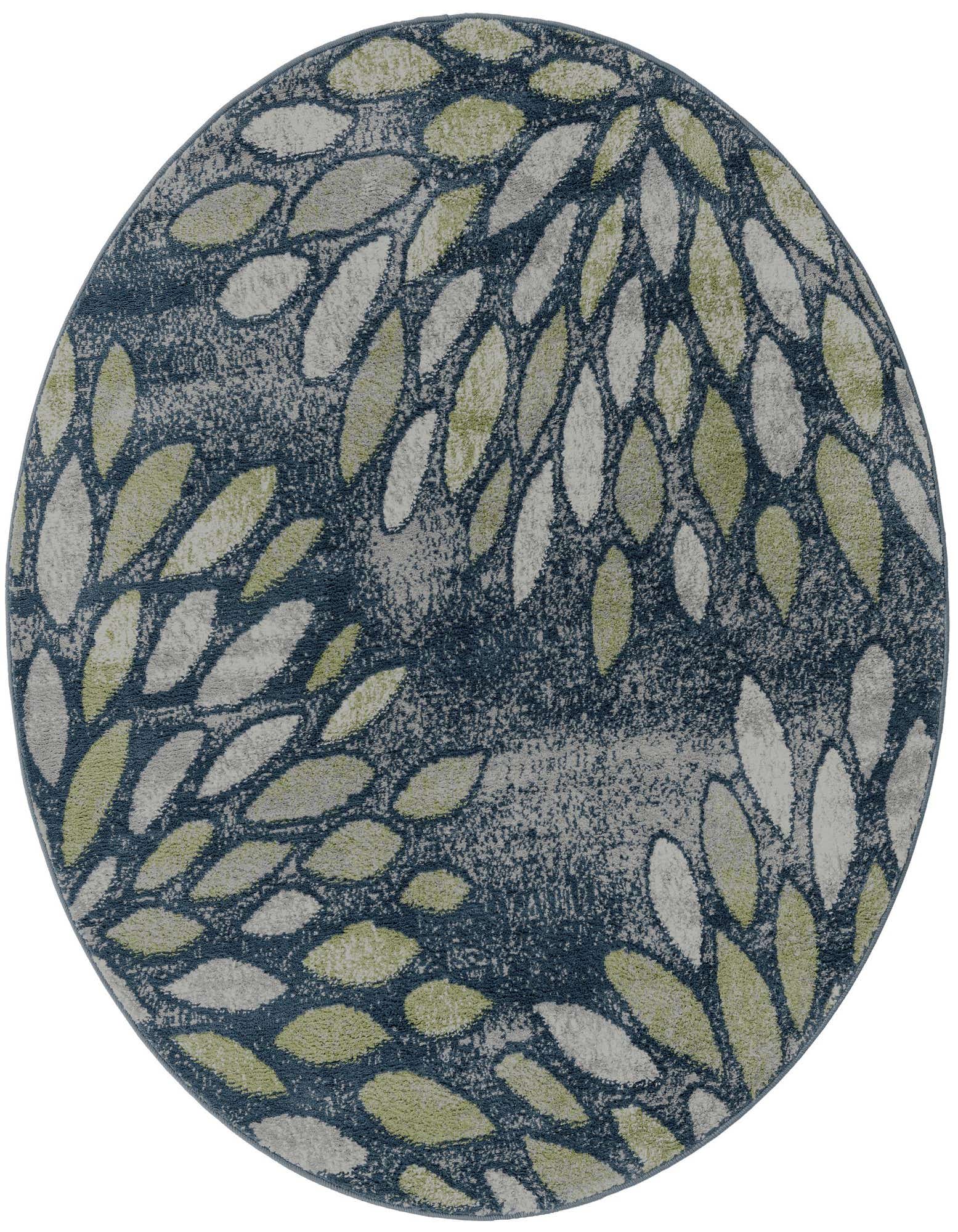 A 5' round Charleston rug by Rugs.com with a modern floral pattern in shades of blue, grey, and green.