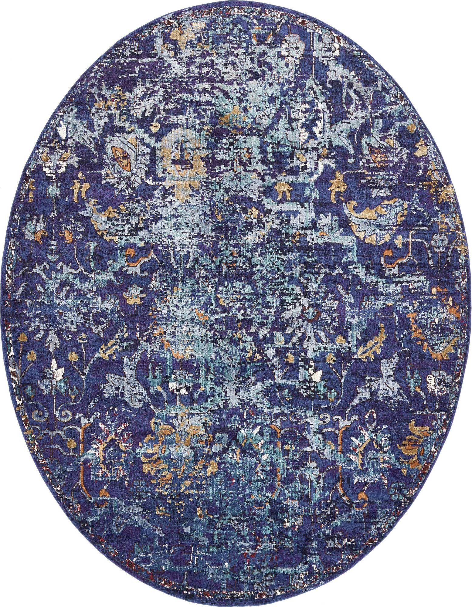 A round 8' navy blue and gold bohemian rug with a distressed floral and traditional pattern, suitable for indoor spaces.