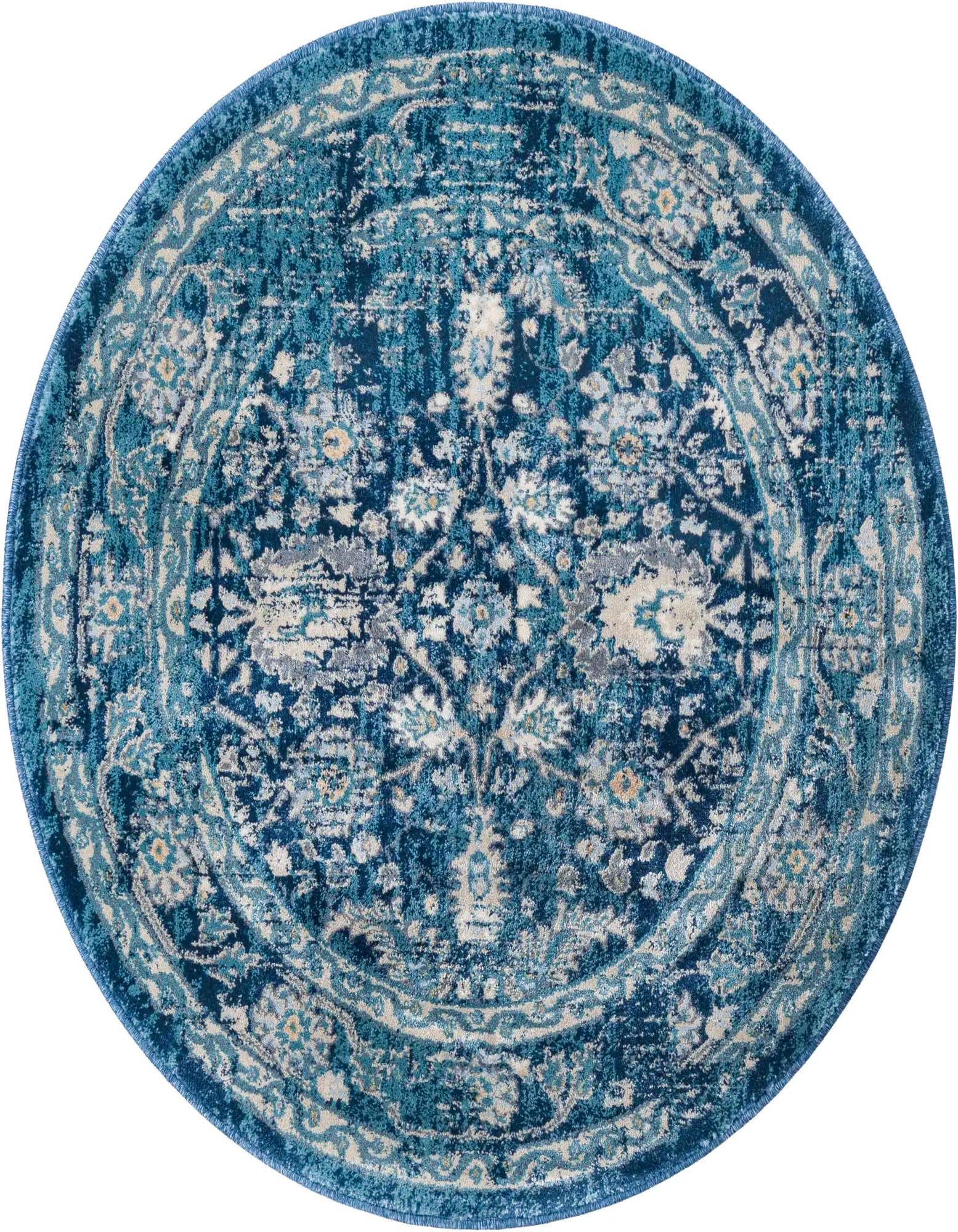 A 3' 3 round Dahlia rug in various shades of blue with a distressed traditional medallion pattern.