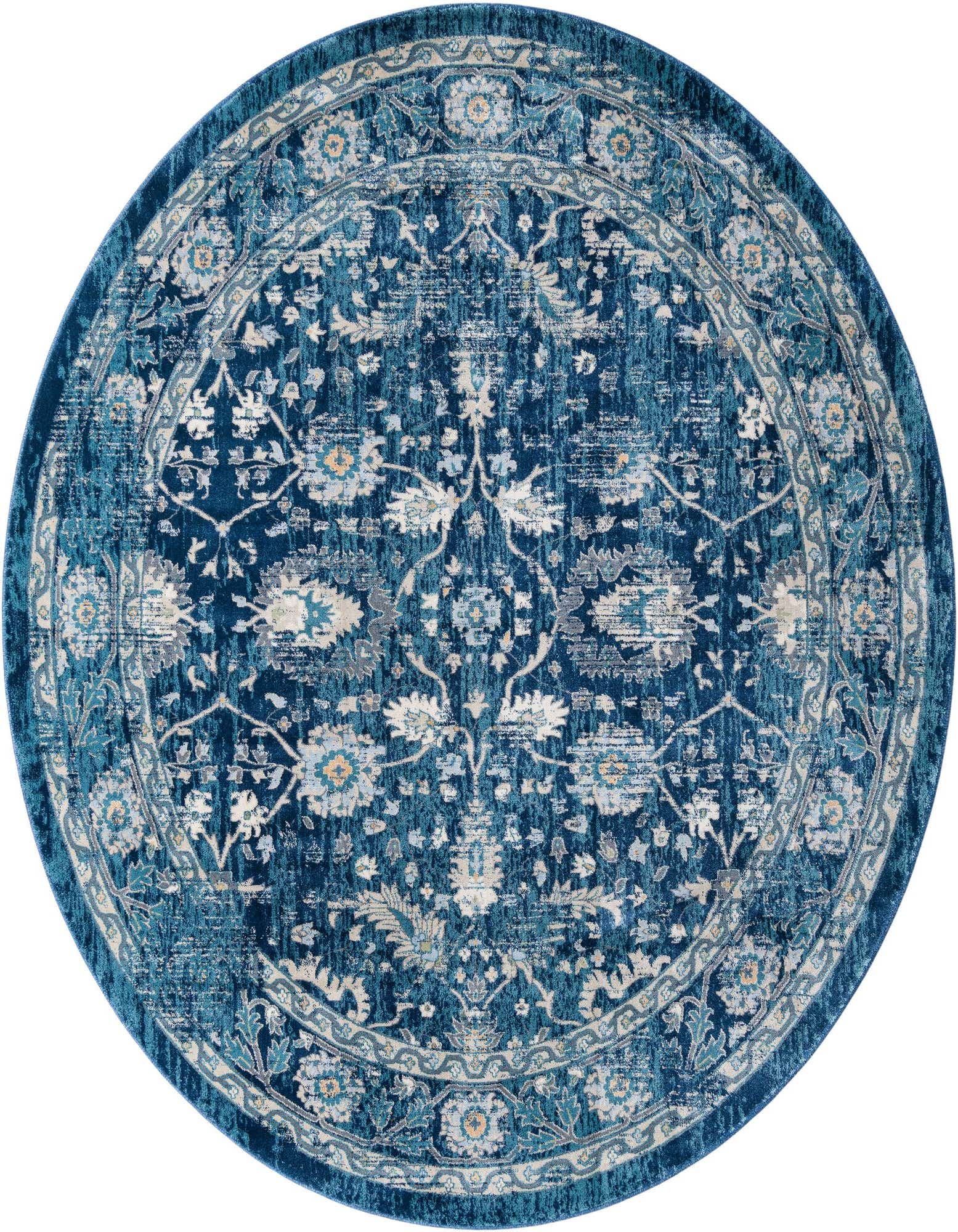 A round 7' 10 x 7' 10 Dahlia rug in various shades of blue, featuring a distressed traditional medallion pattern.