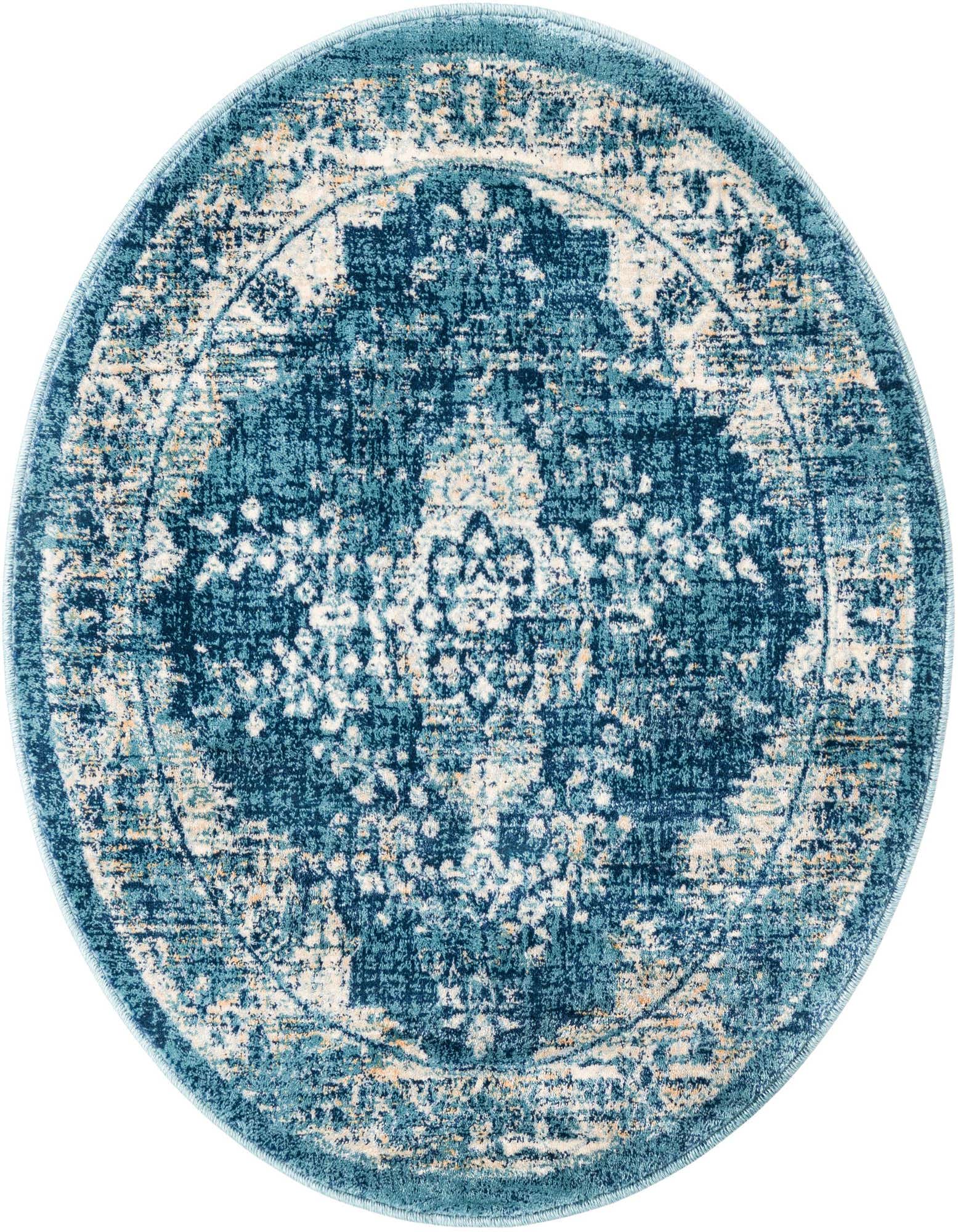 A 3' 3 x 3' 3 round navy blue and cream rug with a distressed traditional medallion pattern.