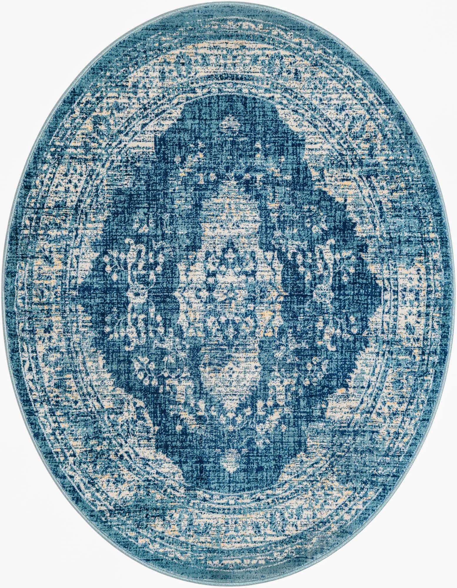 A 5' 3 round navy blue and cream medallion rug with a distressed traditional pattern, suitable for indoor spaces.