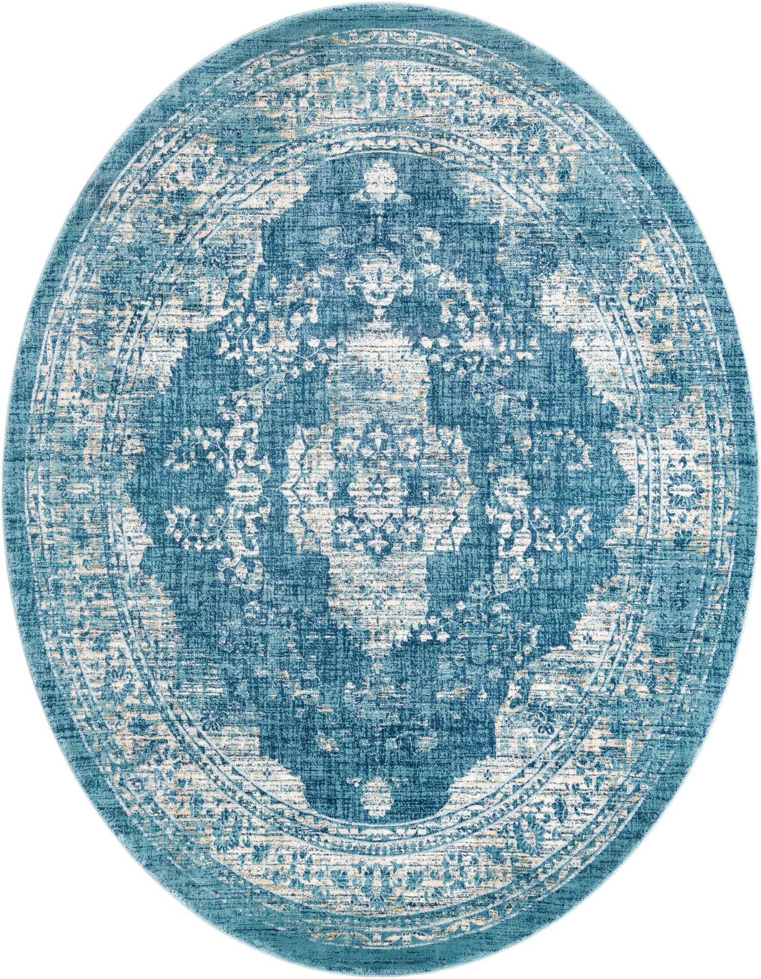 A round 7' 10 x 7' 10 Dahlia rug featuring a distressed traditional medallion pattern in shades of blue and cream.
