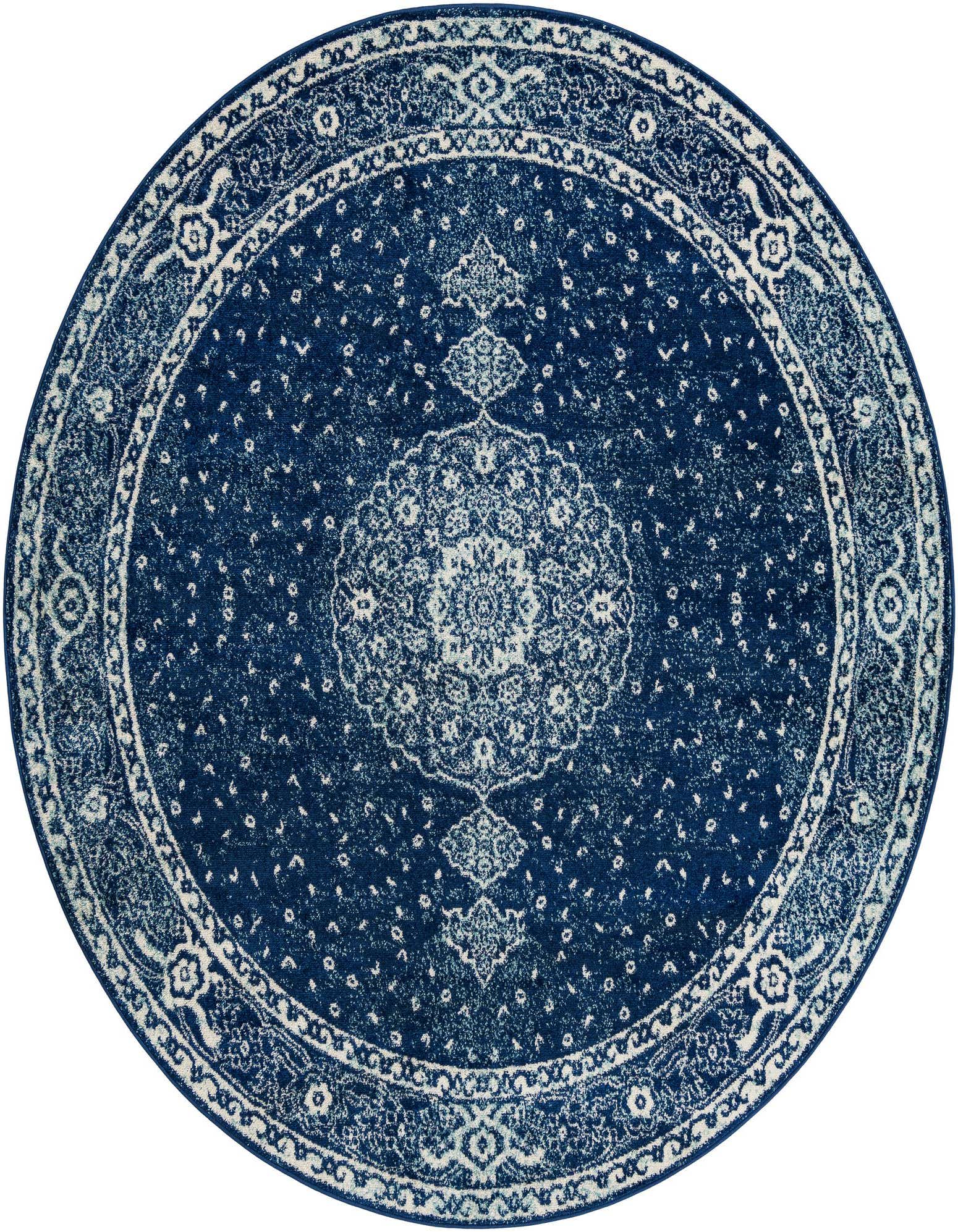 A round 7' 10 x 7' 10 navy blue rug with a distressed white medallion and border pattern, suitable for an indoor living space.