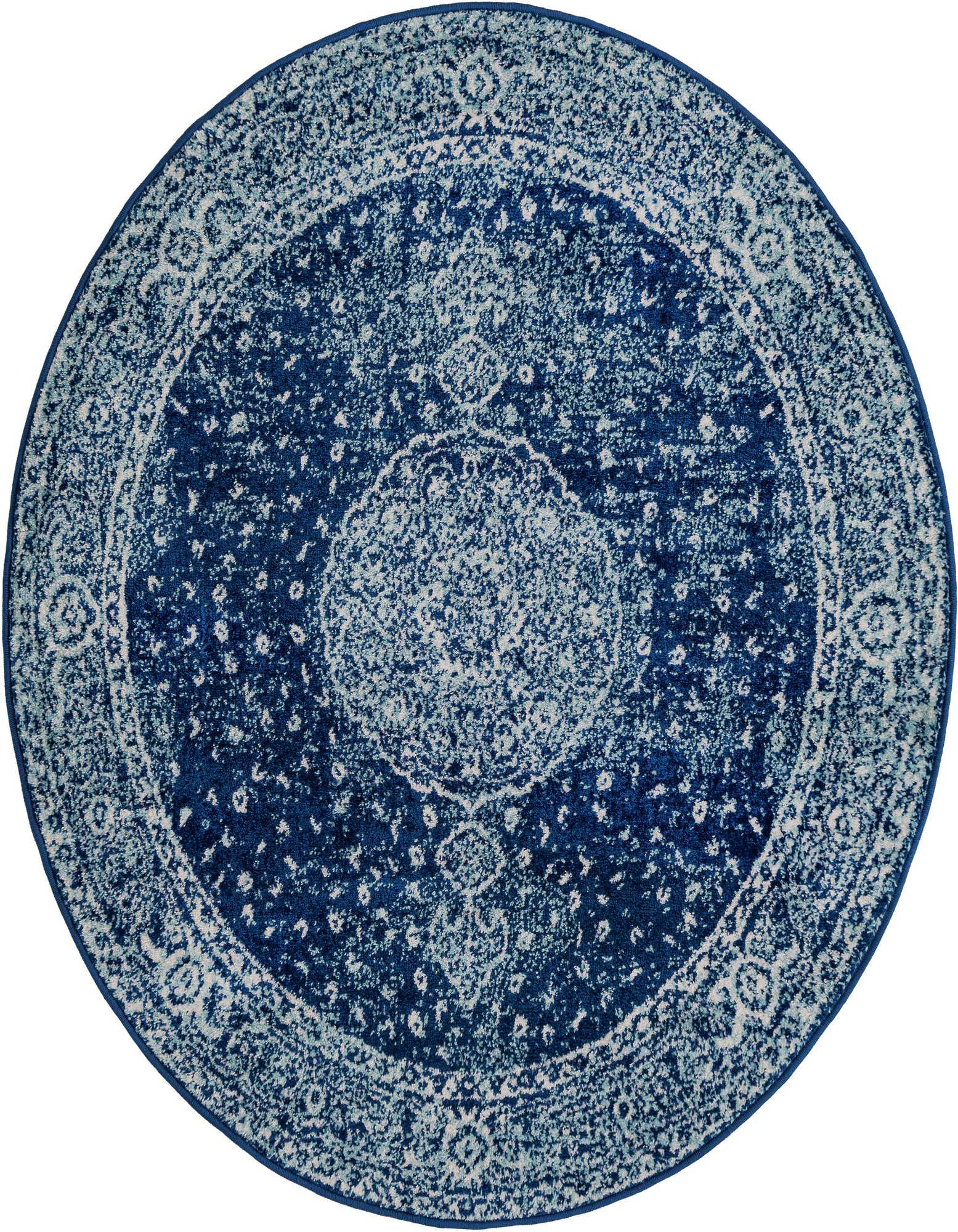 A 5' 3 round navy blue and light blue shabby-chic rug with a distressed medallion pattern.
