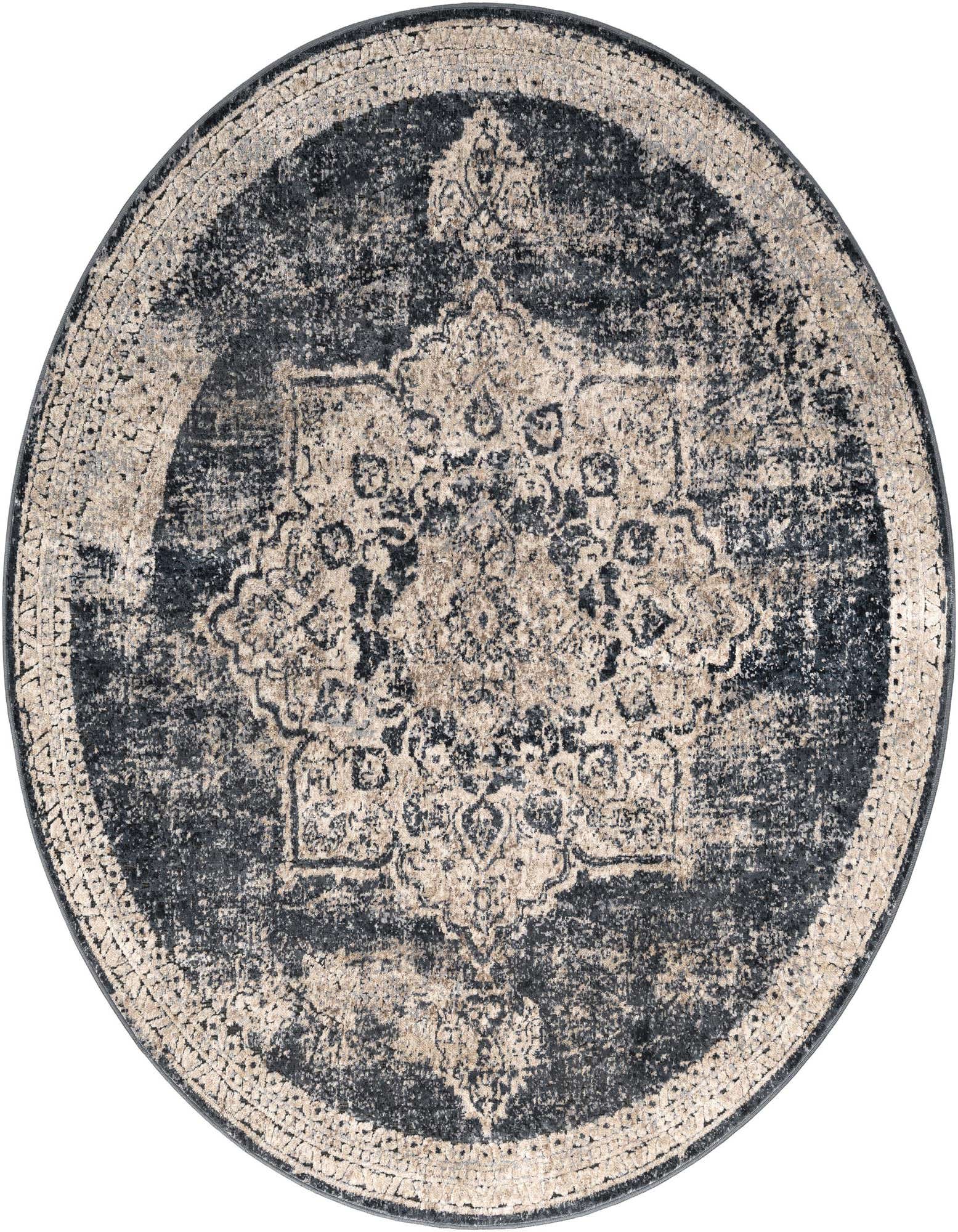 A 5' 3 x 5' 3 round Eliza rug by Rugs.com, featuring a distressed navy blue and beige traditional medallion pattern.