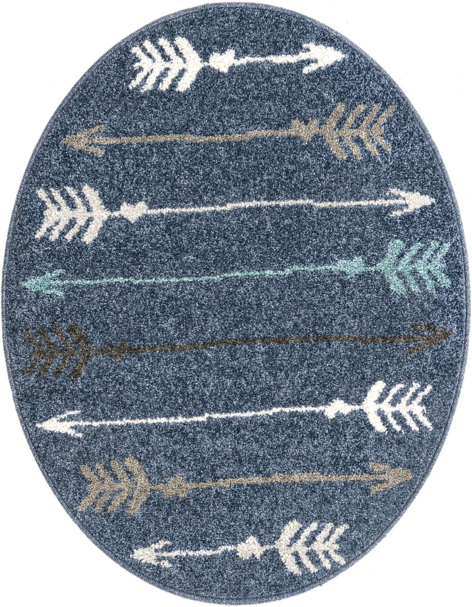 A 3' round navy blue rug with a modern eclectic arrow pattern in white, teal, and brown.