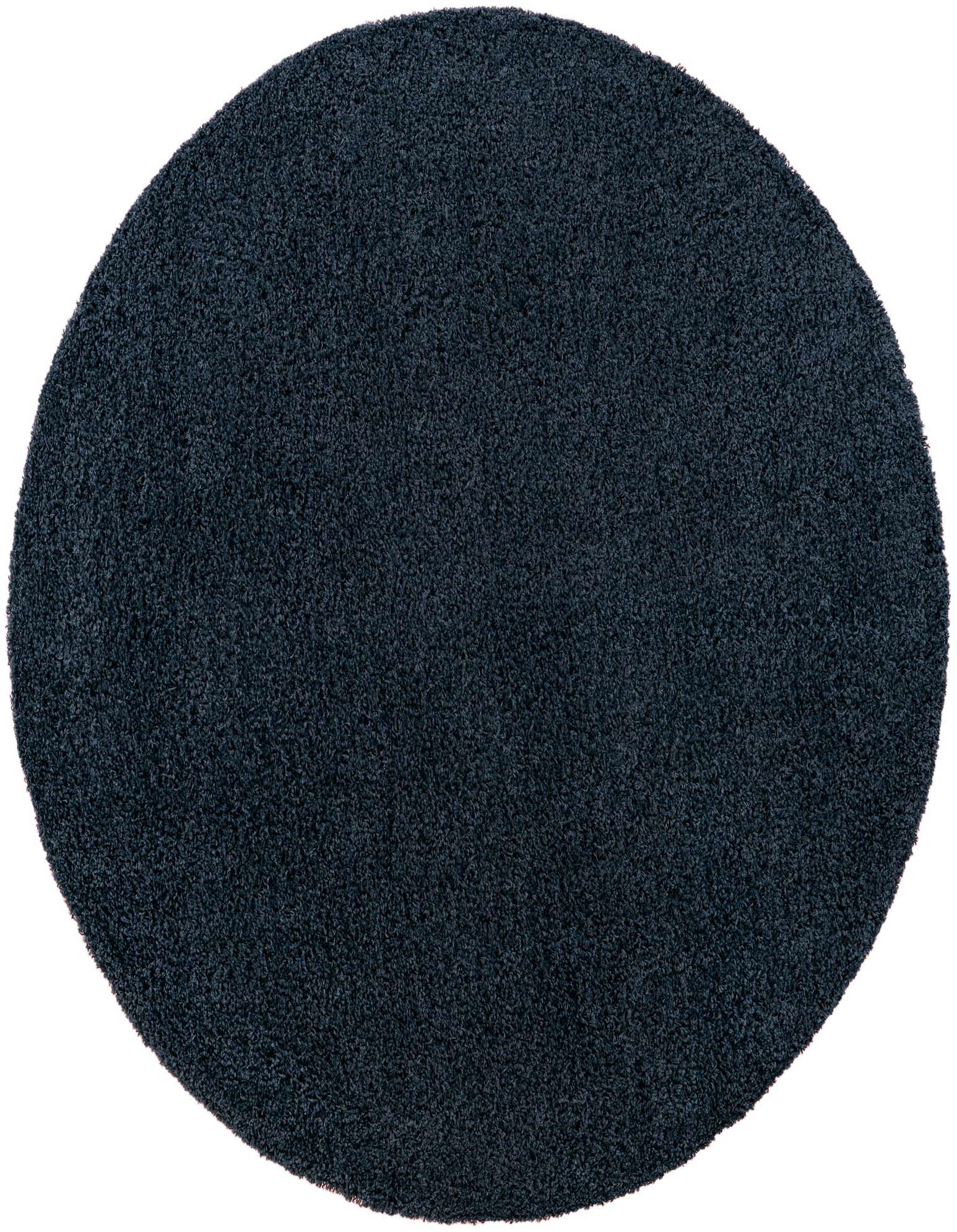 A 7' 10 x 7' 10 round navy blue shag rug, offering a plush, modern, and solid-colored texture.