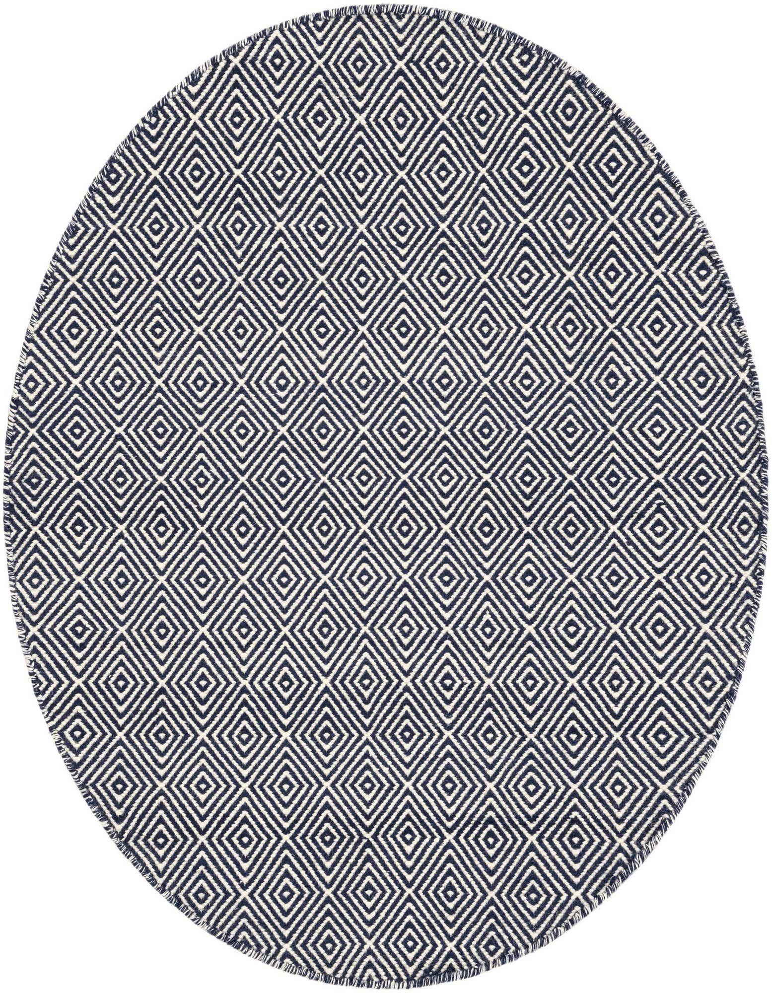 A 4'1" round navy blue and off-white flatweave rug with a modern geometric trellis pattern.