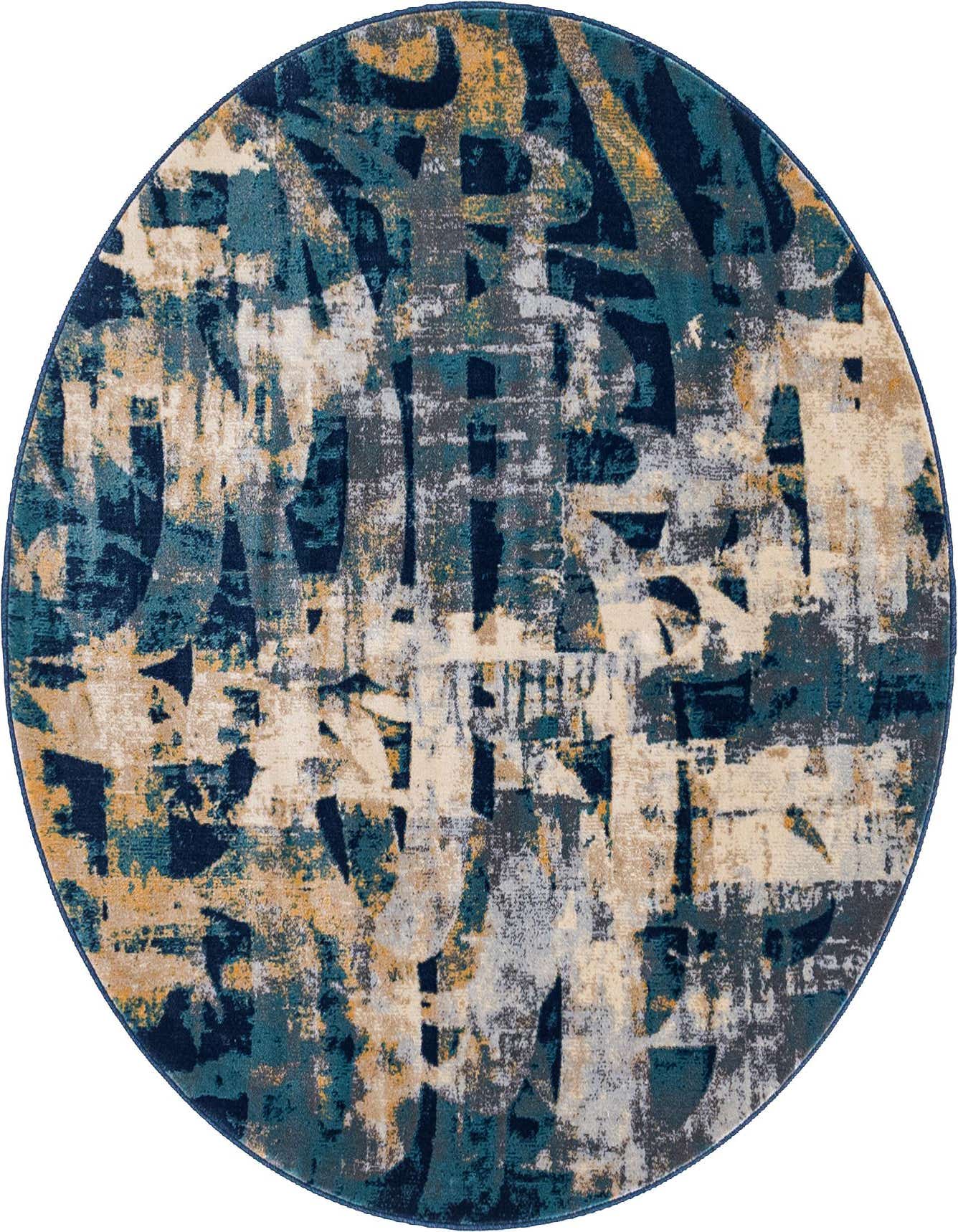 A 5' round Gossamer rug featuring an abstract pattern in varying shades of blue, gold, and cream, with a thin pile.