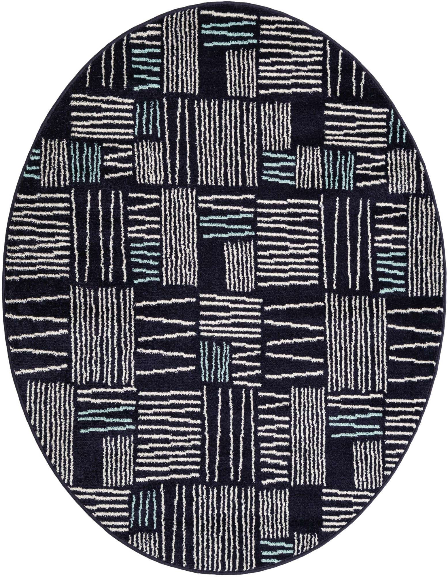 A 5' 3 round navy blue modern rug with a contemporary abstract pattern of white and light blue lines.