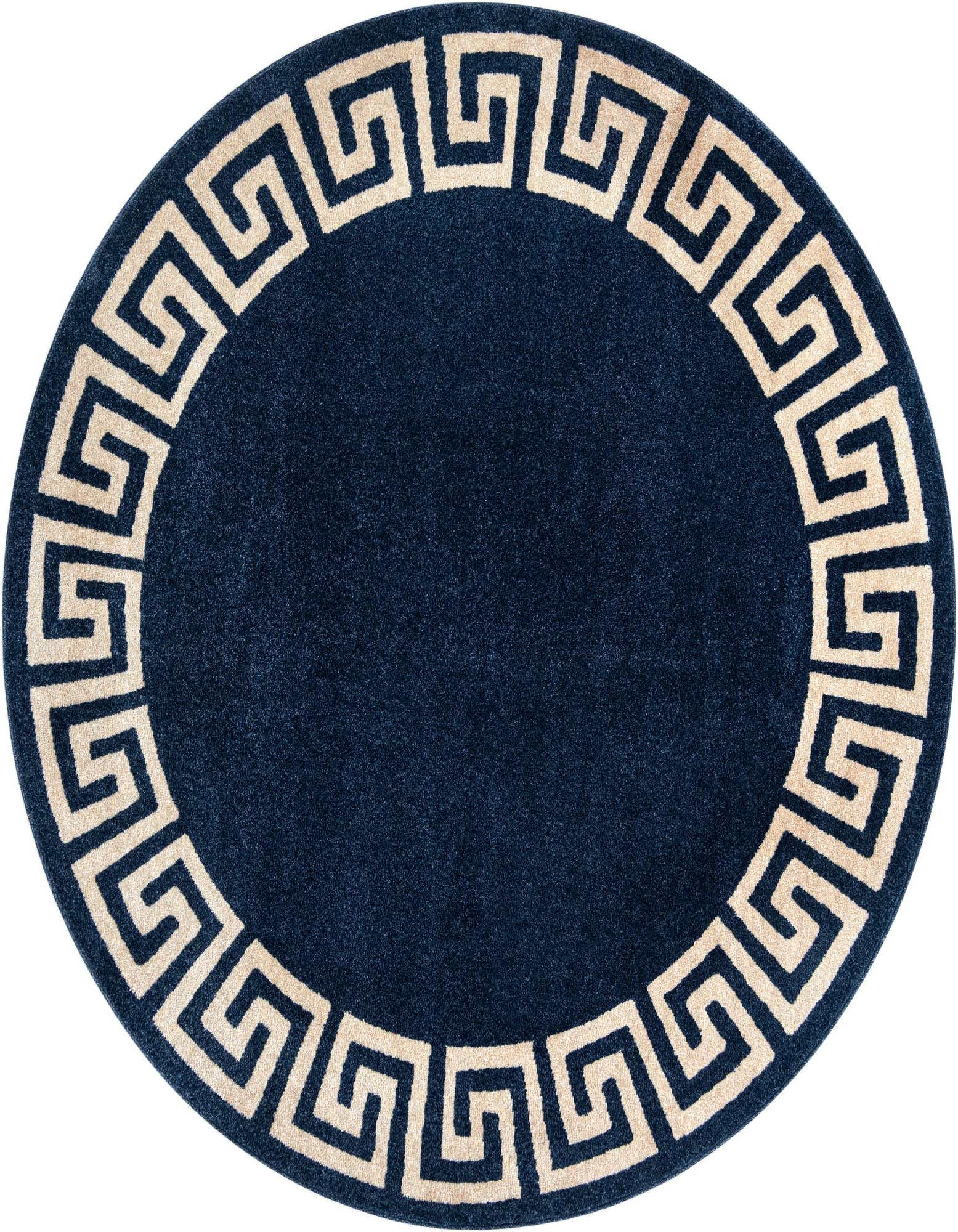 A 7' 10 round navy blue rug with a cream Greek key border pattern, suitable for a living room or bedroom.