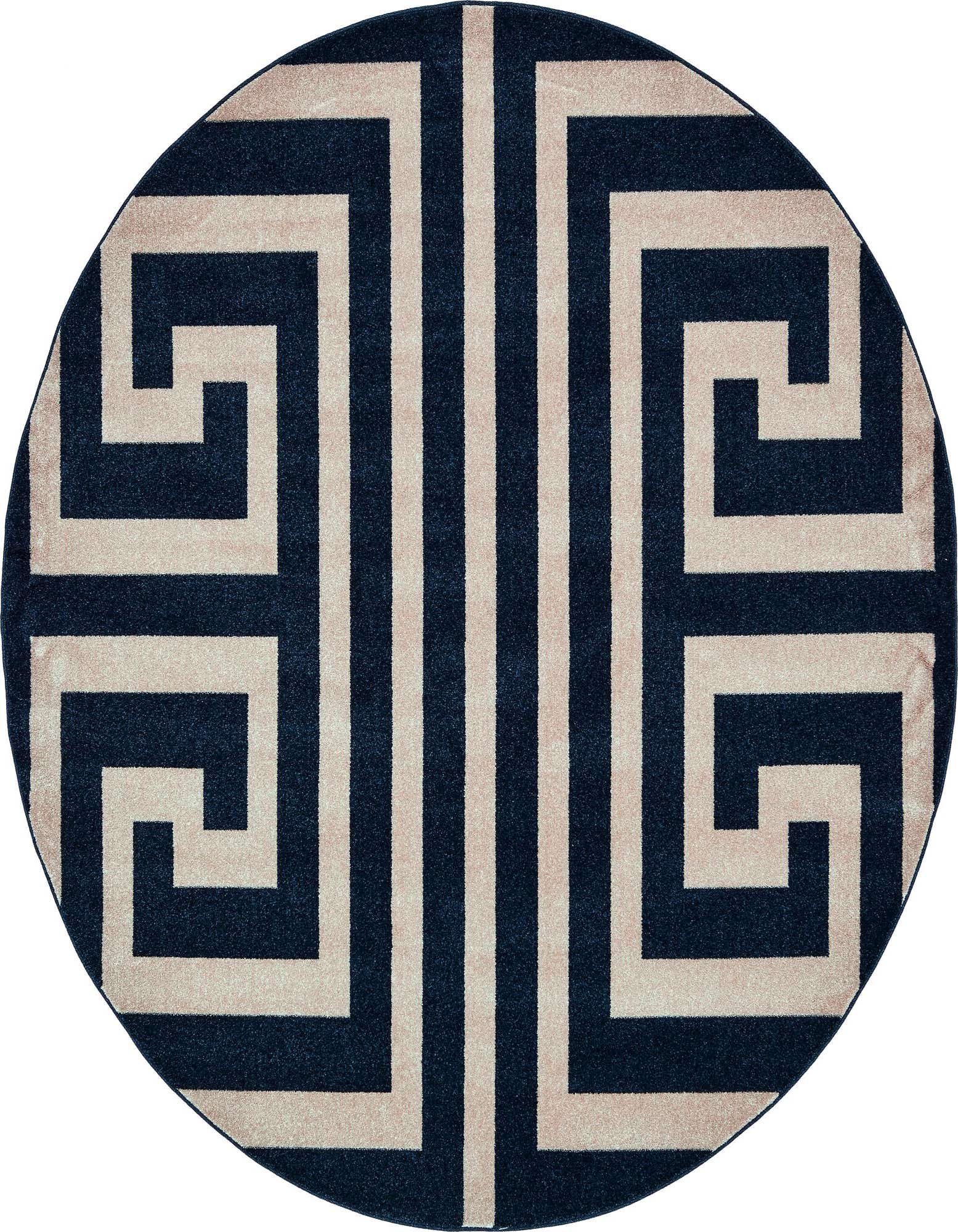 A round navy blue and light beige rug with a bold, interlocking Greek key pattern, suitable for a modern living space.