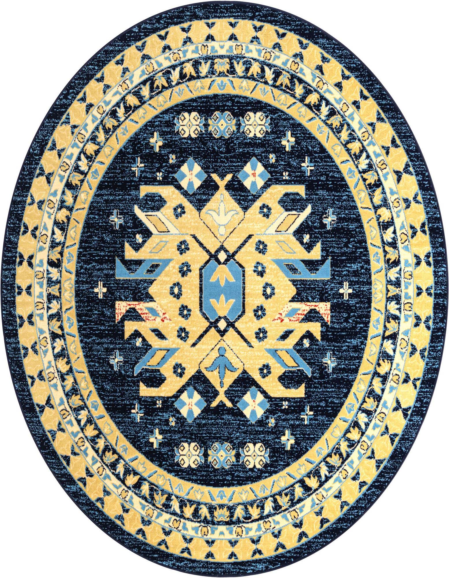A 7' 10 round Heris rug featuring a navy blue background with a large central medallion and intricate tribal patterns in yellow and light blue.