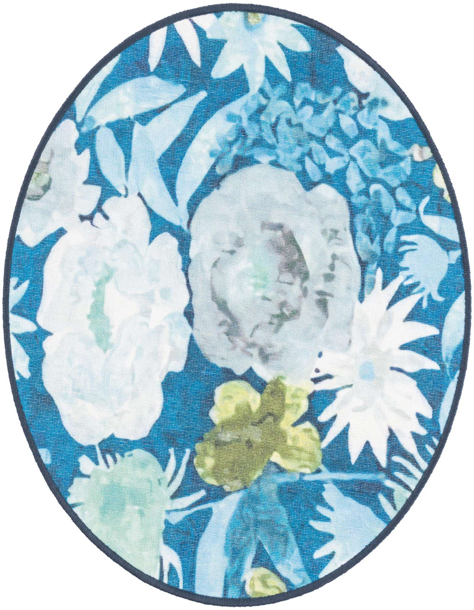 A 3' 3 round blue rug with a modern tropical floral pattern featuring white, light blue, and green flowers.