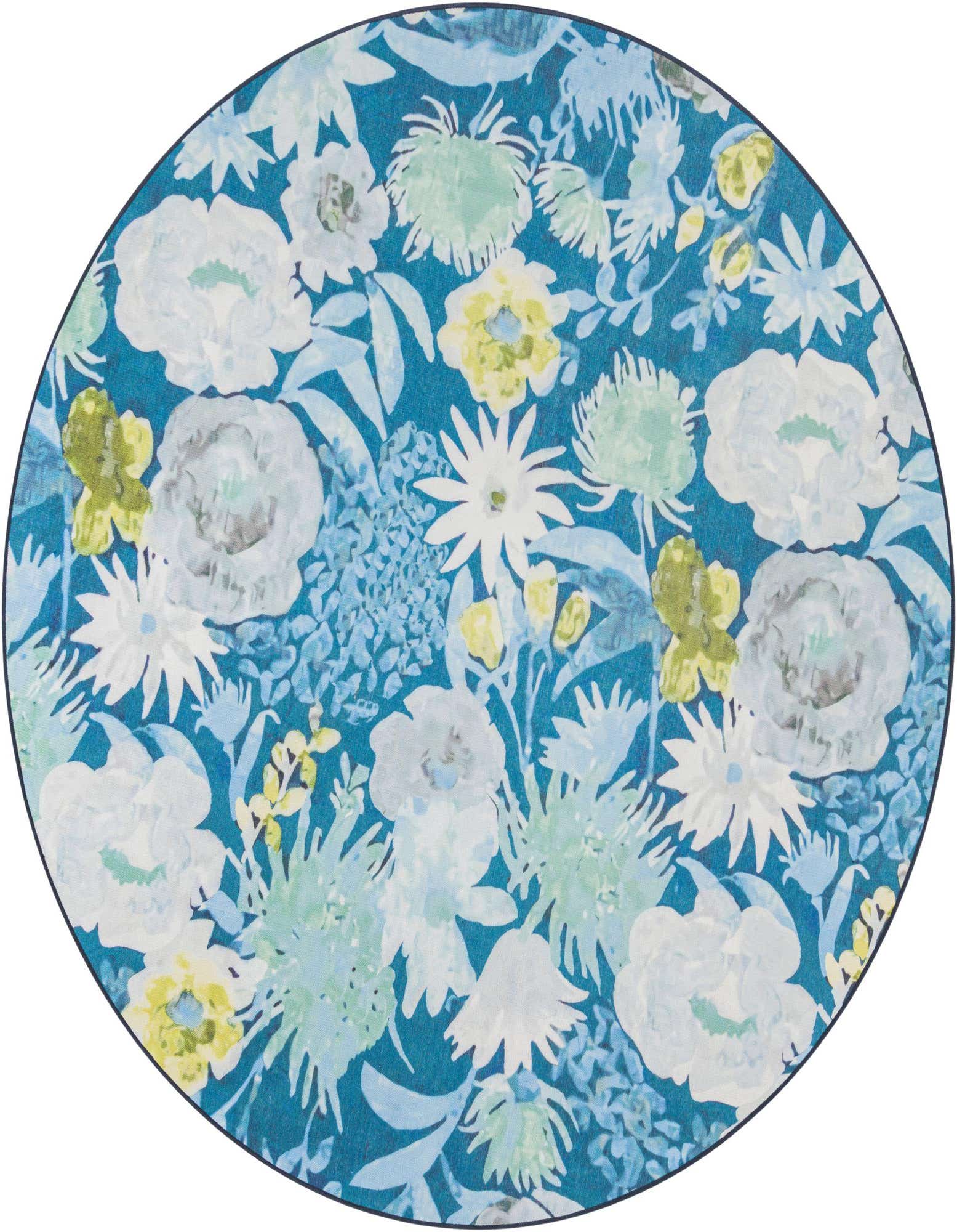 A round 7' 10 x 7' 10 Jill Zarin Caribbean Outdoor rug featuring a vibrant blue background with large white, light blue, and yellow tropical floral patterns.