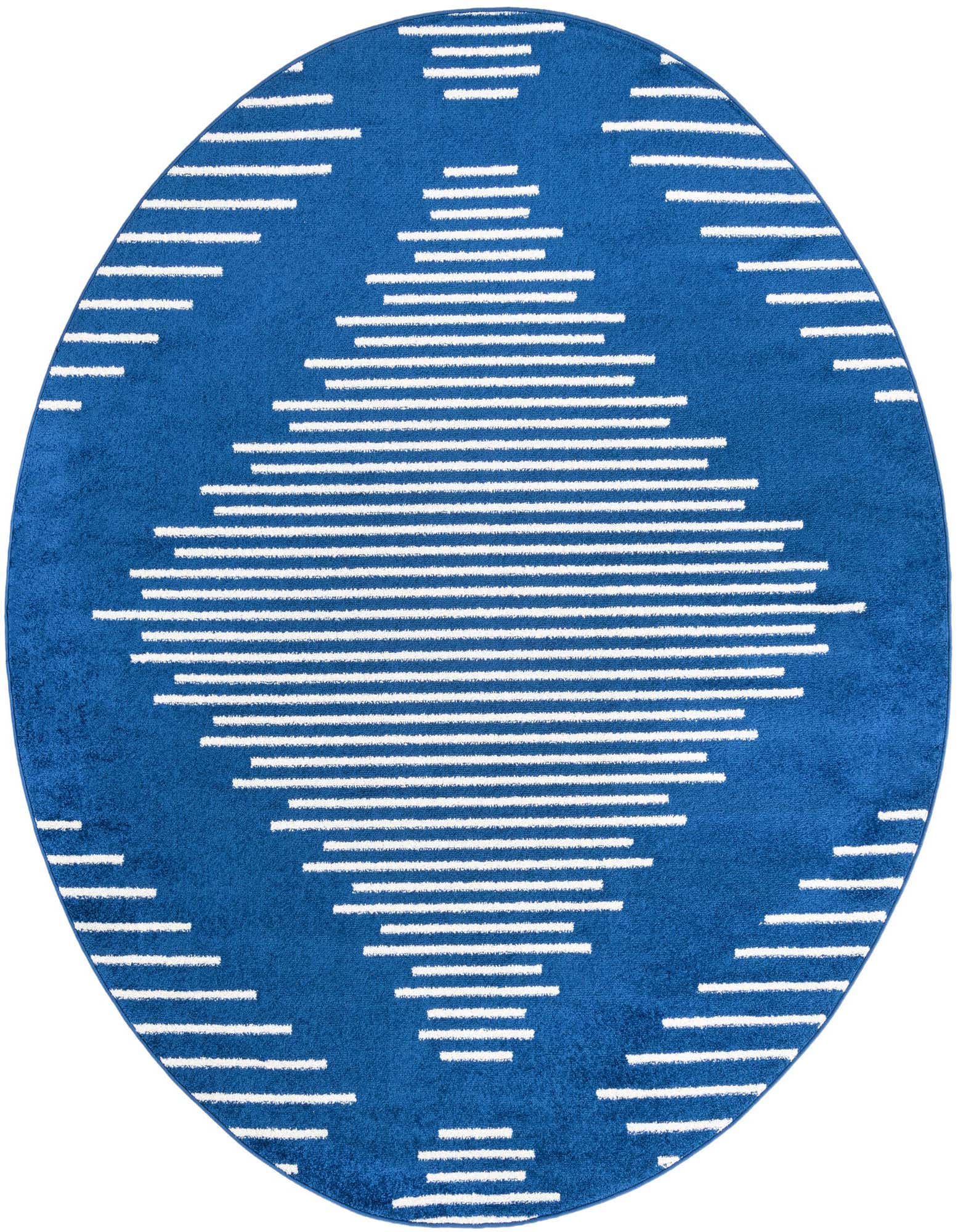 A round 7' 10" x 7' 10" navy blue rug with a modern white stripe diamond pattern, suitable for indoor spaces.