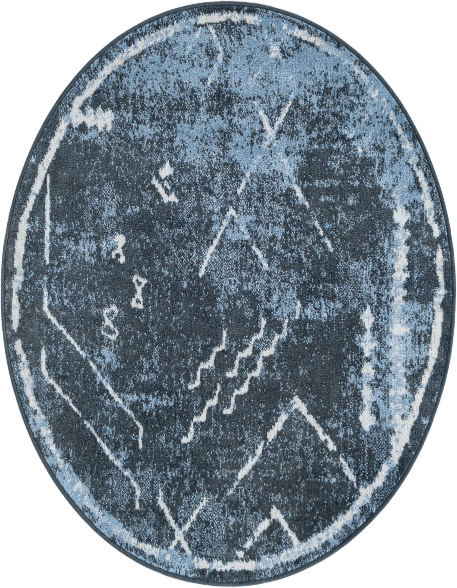 A 3' 3 x 3' 3 round navy blue and light blue vintage tribal rug with abstract white patterns.