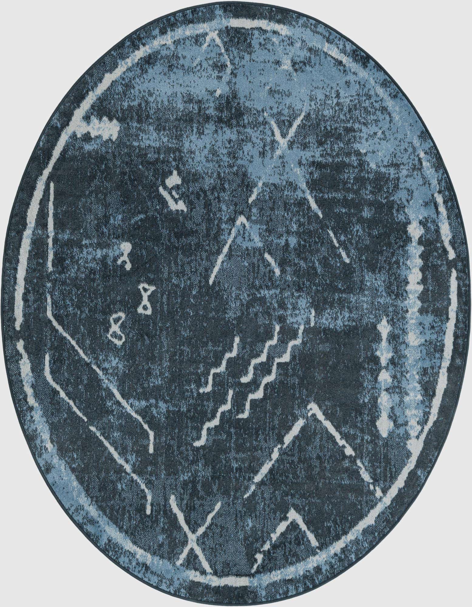 A 5' 3 round navy blue and light blue vintage tribal rug with abstract white patterns, suitable for any indoor space.