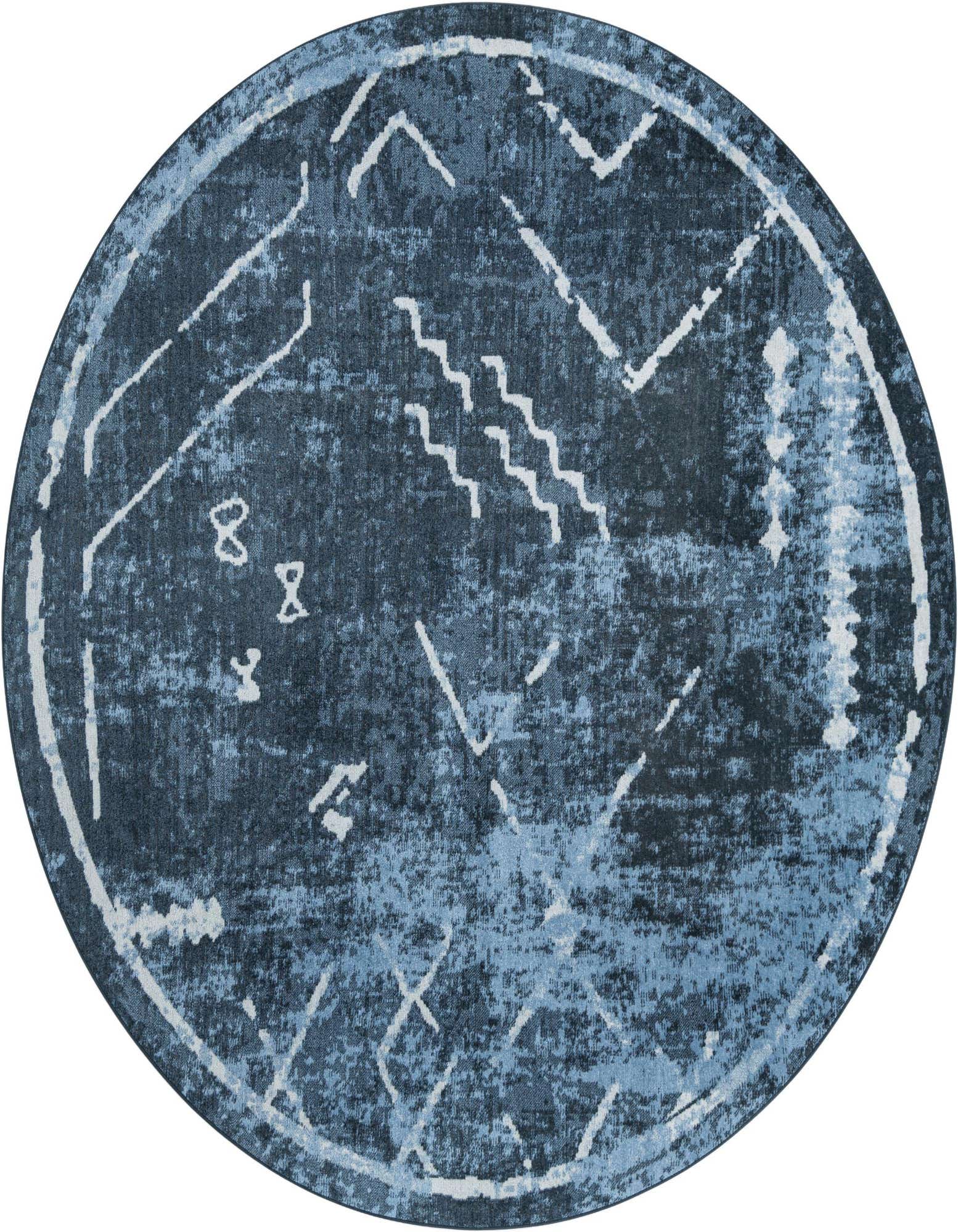 A round 7' 10 x 7' 10 navy blue and light blue vintage tribal rug with abstract white patterns.