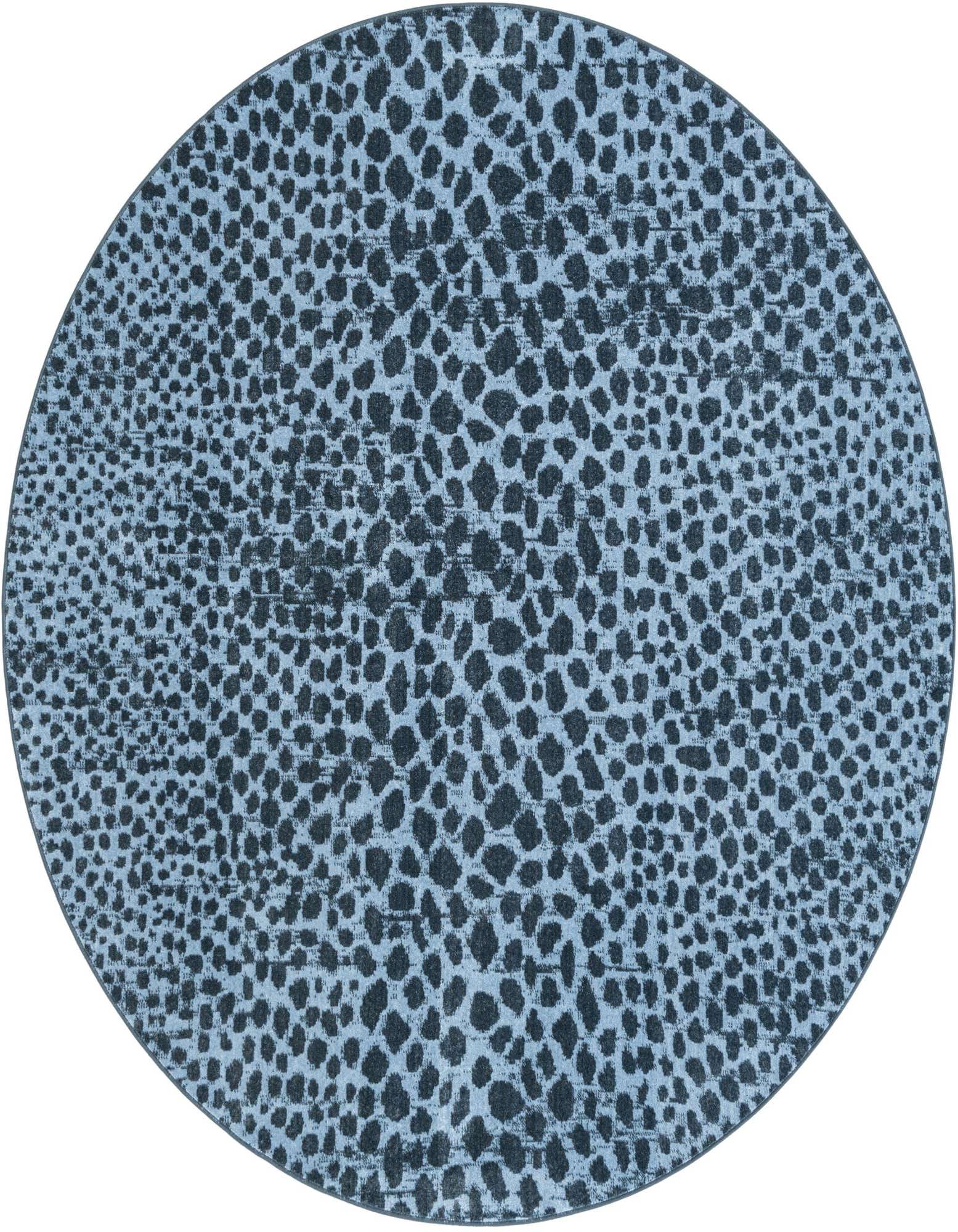 A round 7' 10 x 7' 10 navy blue rug with an abstract, mottled pattern, ideal for a modern living space.