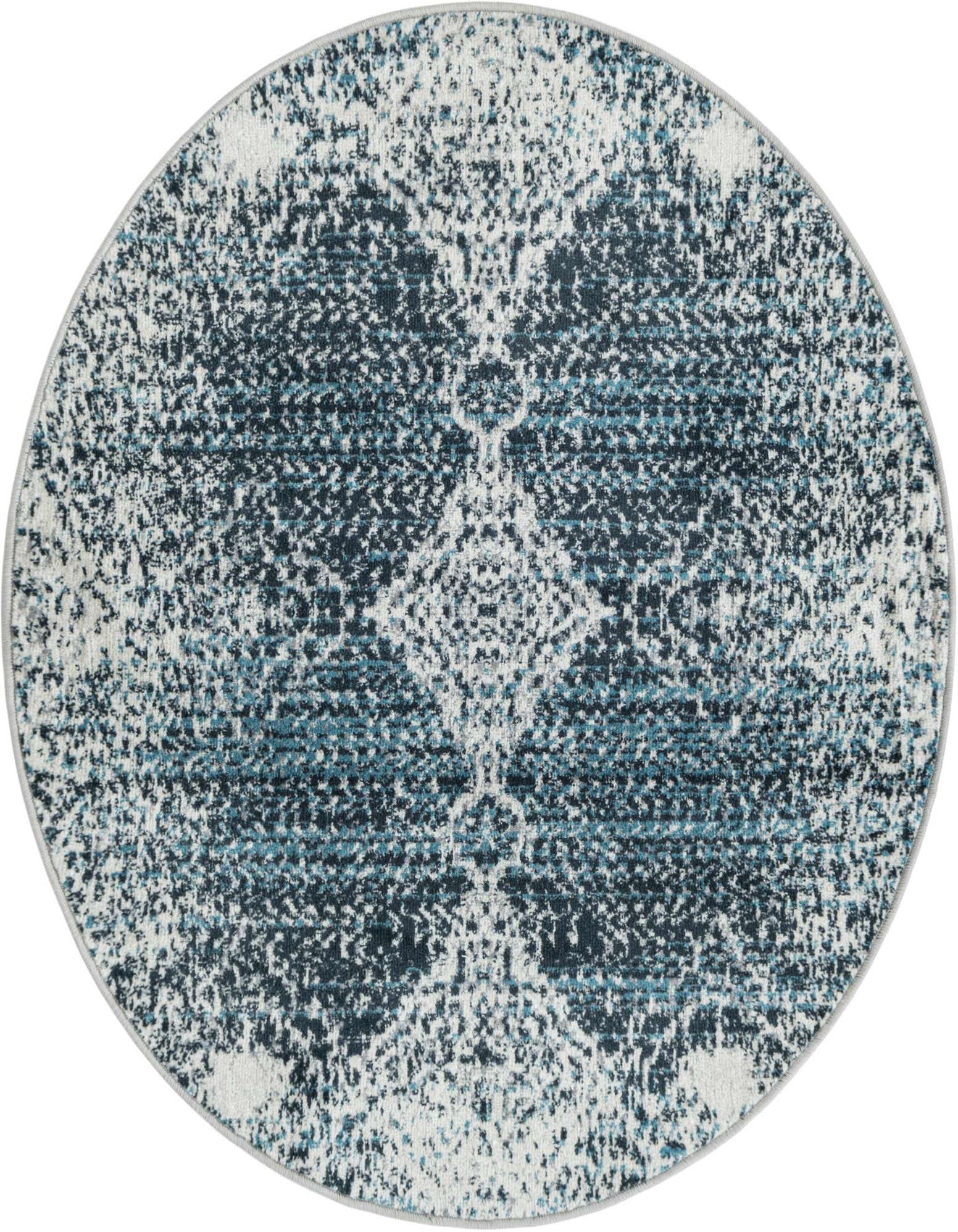 A 3' 3 round Kamala Washable rug from Rugs.com, featuring a distressed traditional medallion pattern in shades of navy blue and light blue on a white background.