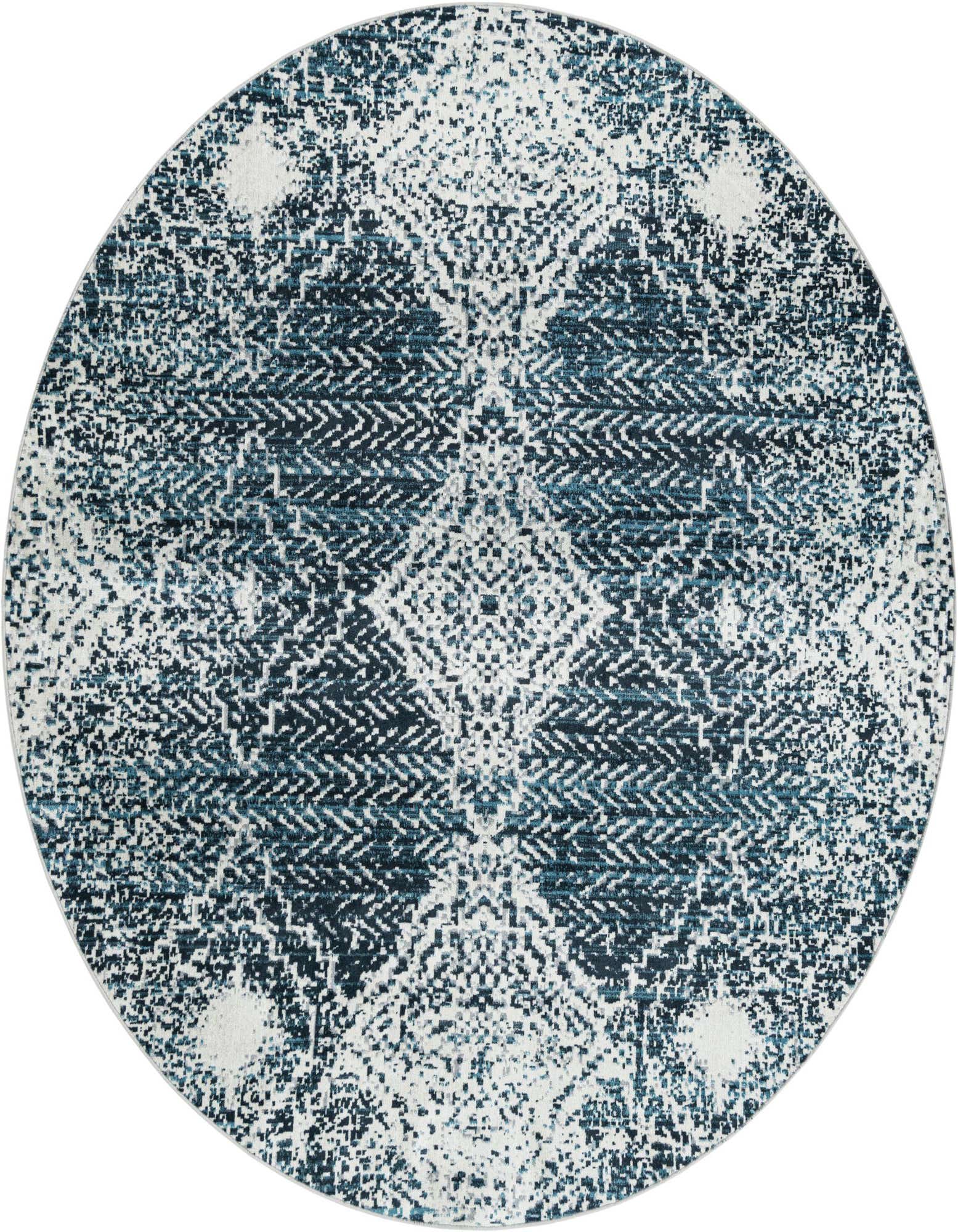 A round 7' 10 x 7' 10 Kamala Washable rug featuring a distressed traditional medallion pattern in shades of blue and white.