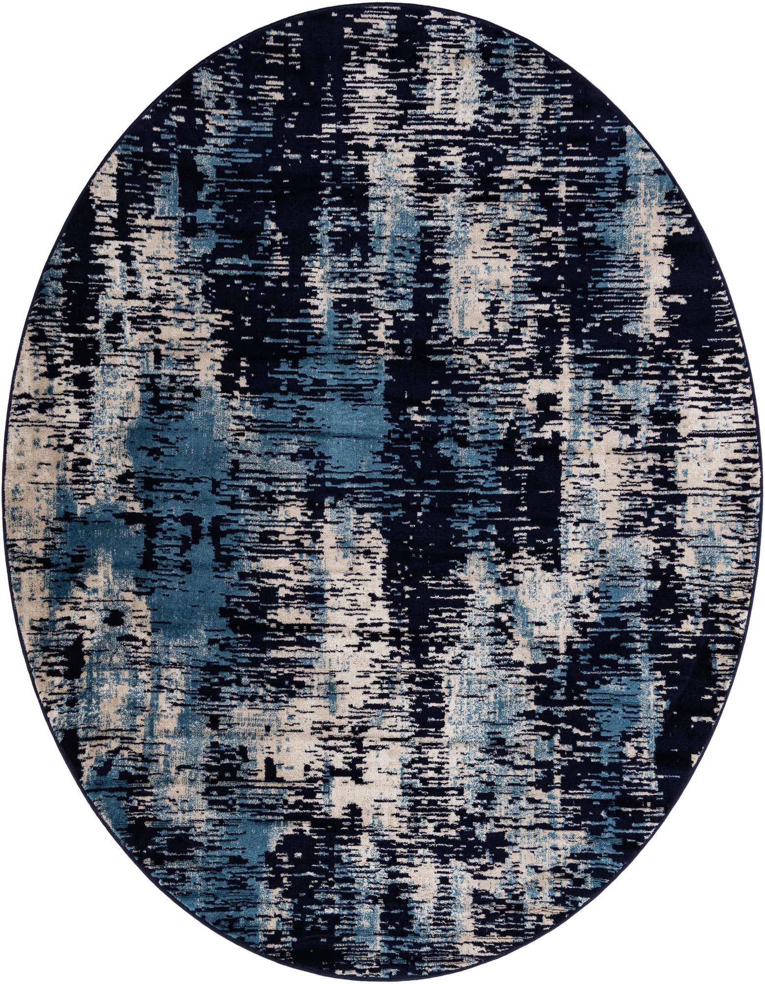 A round 7' 10 x 7' 10 Laguna rug featuring an abstract, distressed pattern in varying shades of navy blue, light blue, and cream.