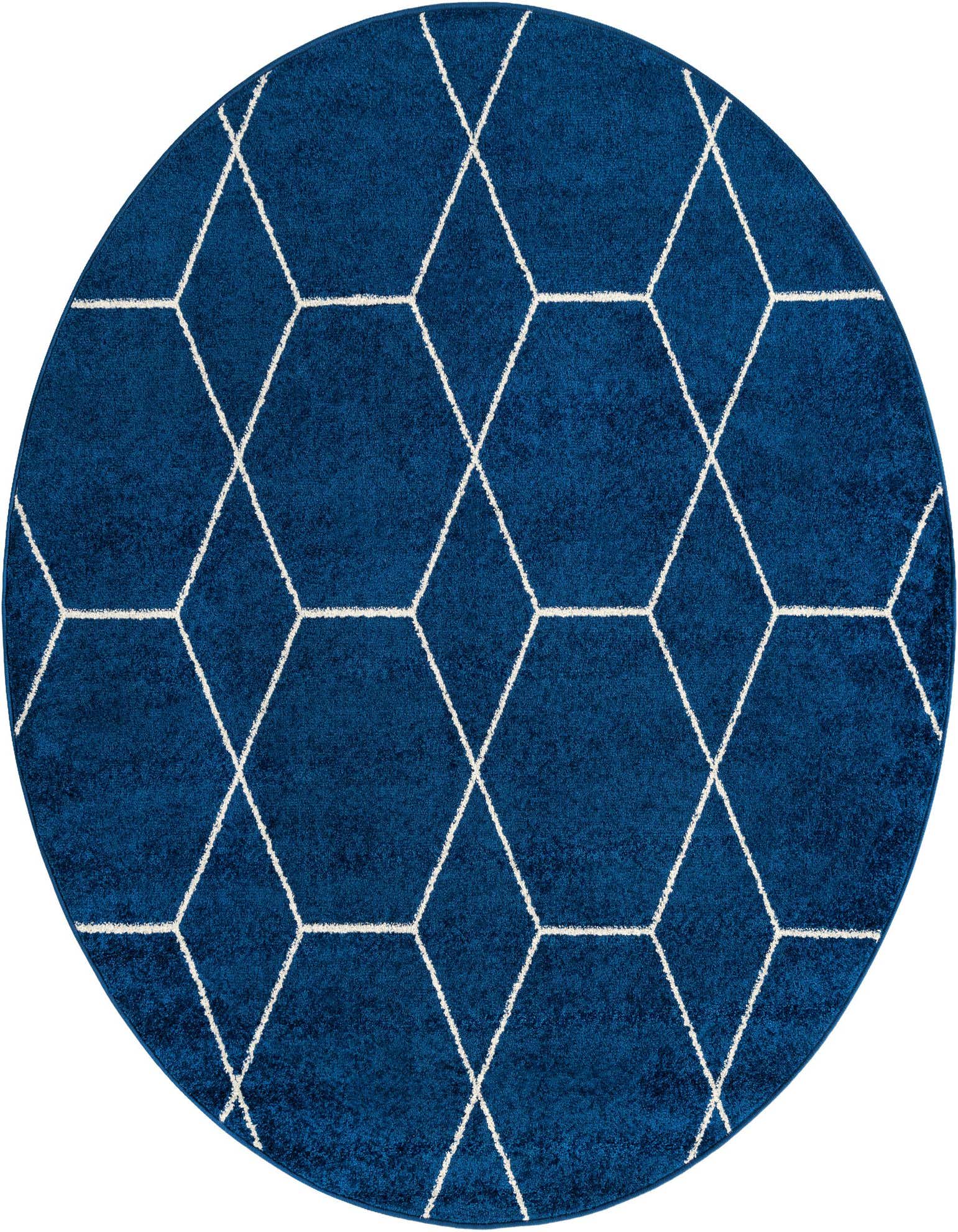 A 3' round navy blue rug with a white modern trellis pattern, suitable for various indoor spaces.