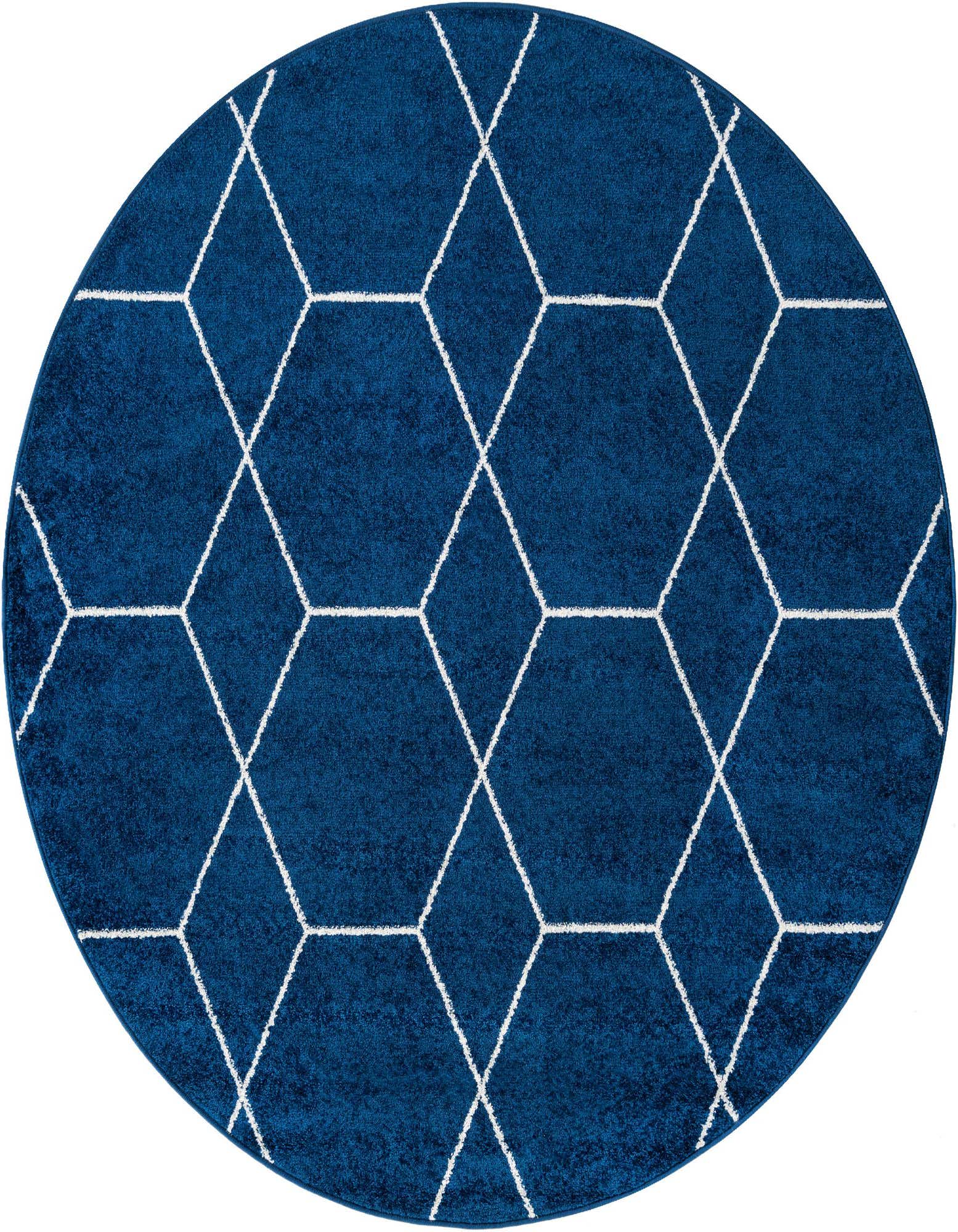 A 7' round navy blue rug with a white geometric trellis pattern, ideal for a modern living room or bedroom.