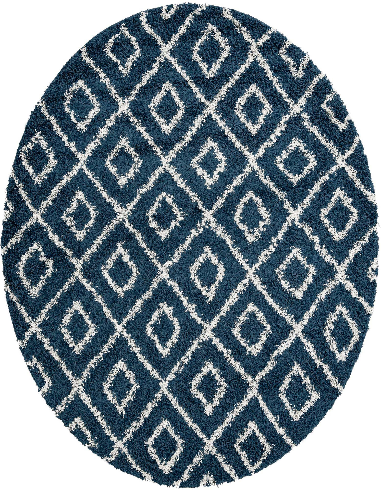 A round 7' 10 x 7' 10 navy blue shag rug with a white modern lattice pattern, featuring a high/low textured pile.