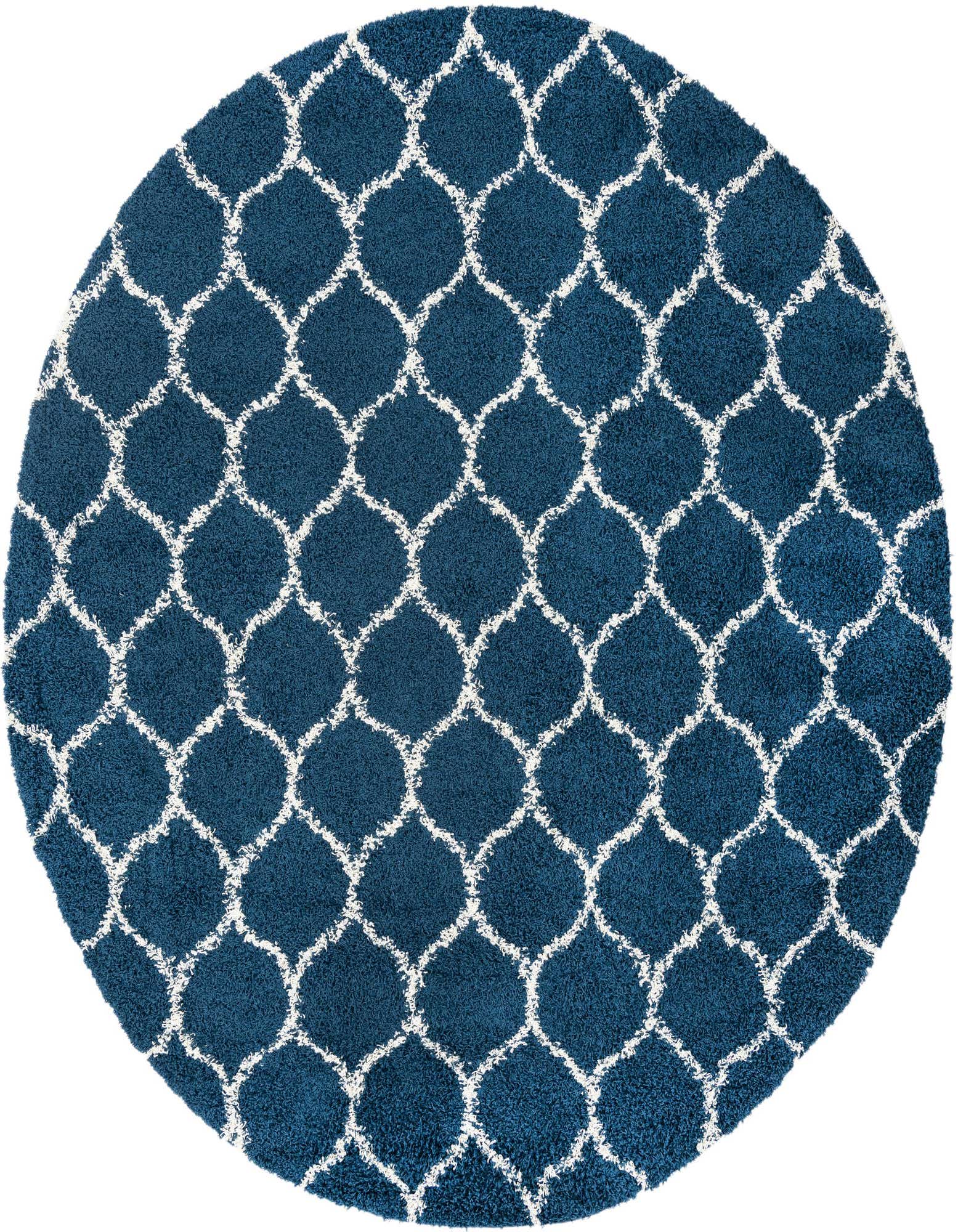 A 10-foot round navy blue shag rug with a white modern lattice pattern, featuring a textured high/low pile.