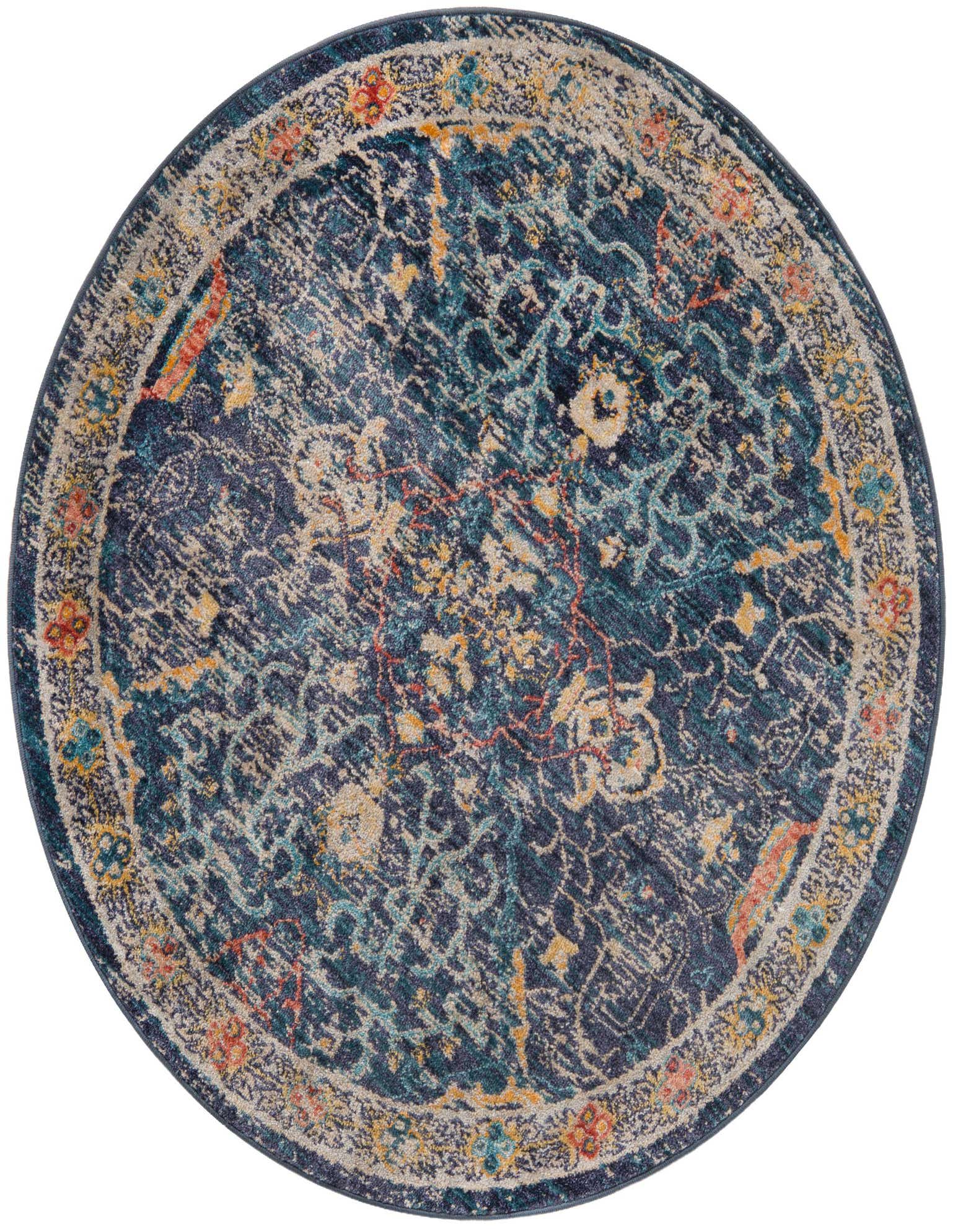 A 4' round navy blue rug with a distressed traditional medallion and tribal pattern, featuring accents of gold, teal, and red.